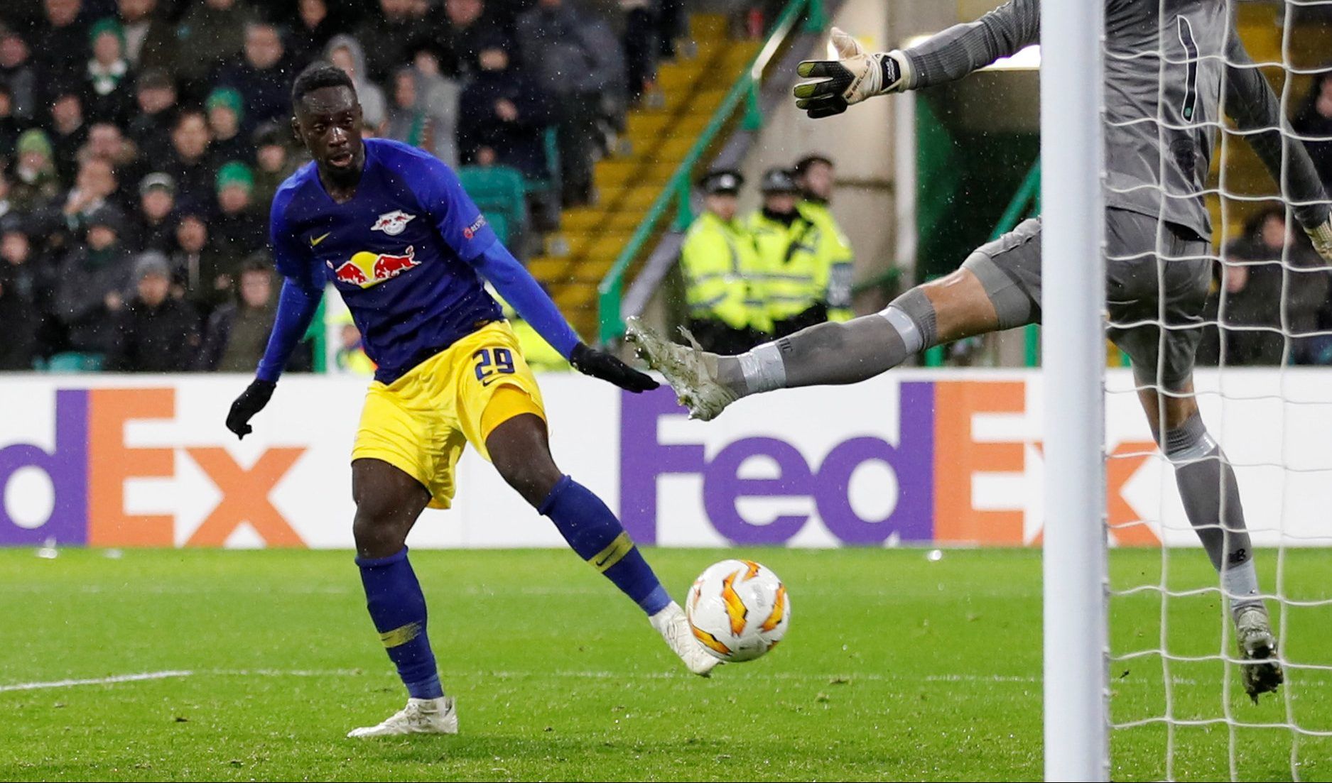 Soccer Football - Europa League - Group Stage - Group B - Celtic v RB Leipzig - Celtic Park, Glasgow, Britain - November 8, 2018  RB Leipzig's Jean-Kevin Augustin scores their first goal   Action Images via Reuters/Carl Recine
