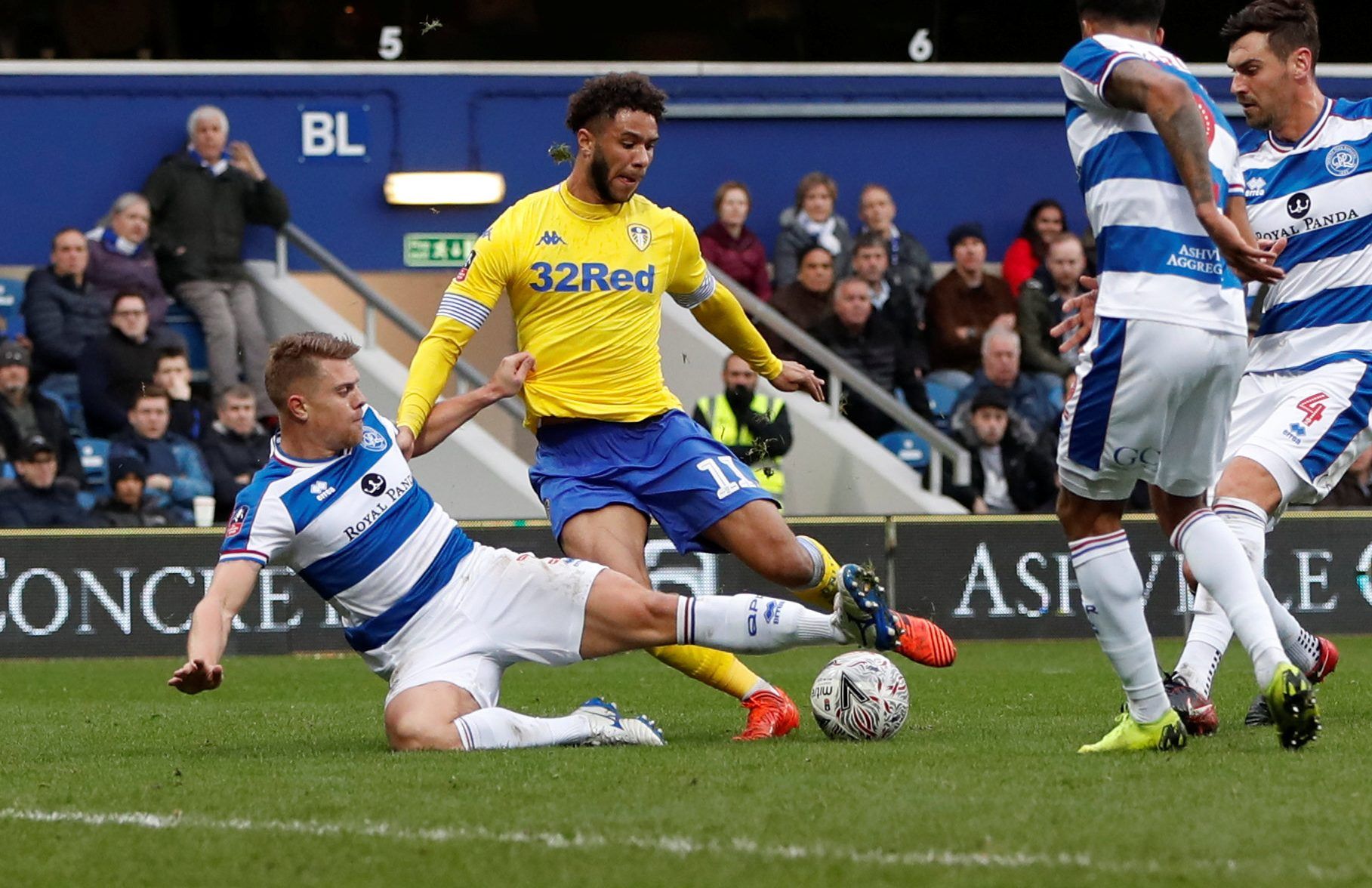 Soccer Football - FA Cup Third Round - Queens Park Rangers v Leeds United - Loftus Road, London, Britain - January 6, 2019   Leeds United's Tyler Roberts in action with QPR's Jake Bidwell   Action Images/Paul Childs