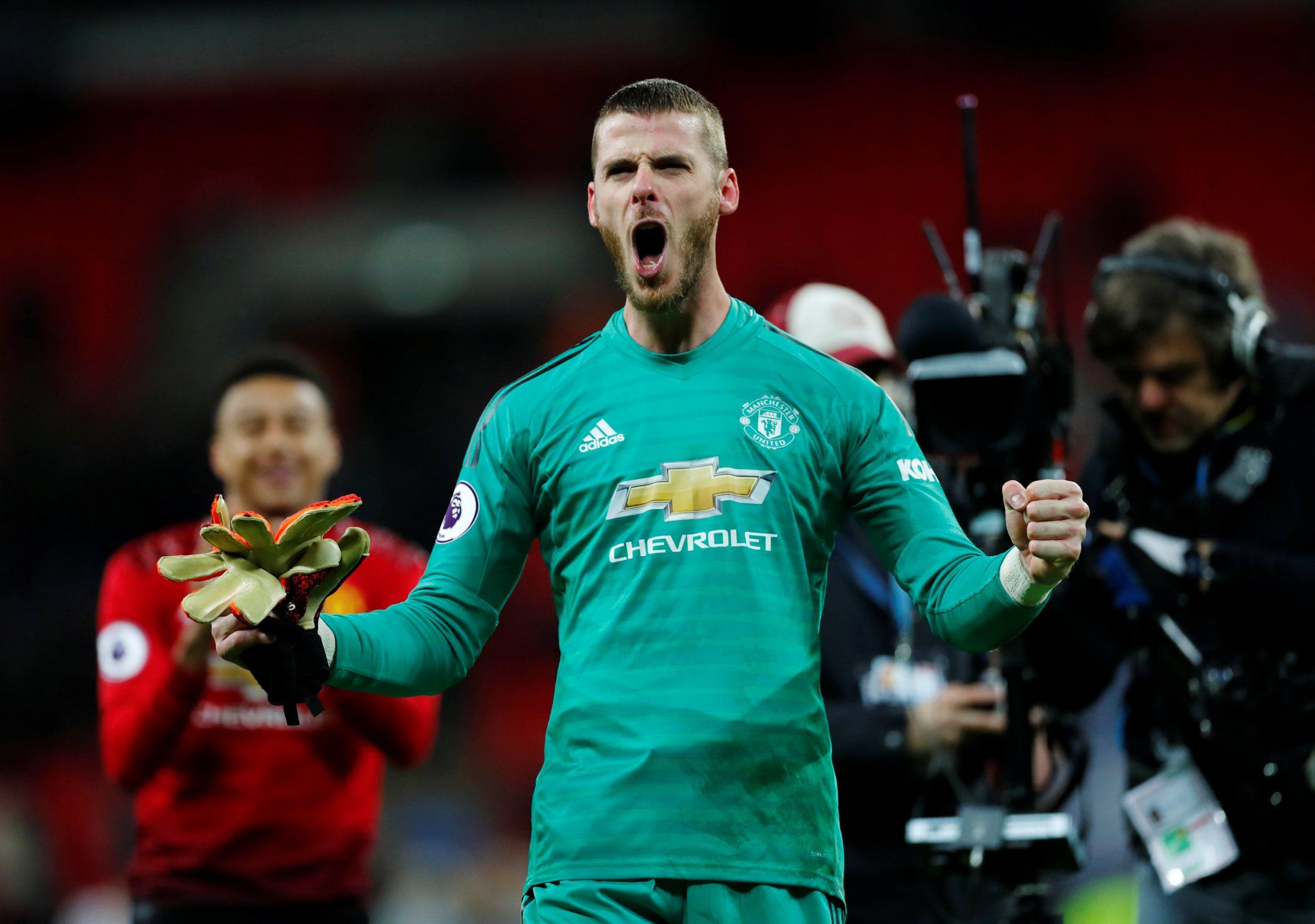 Manchester United's David de Gea celebrates at the end of the Tottenham match