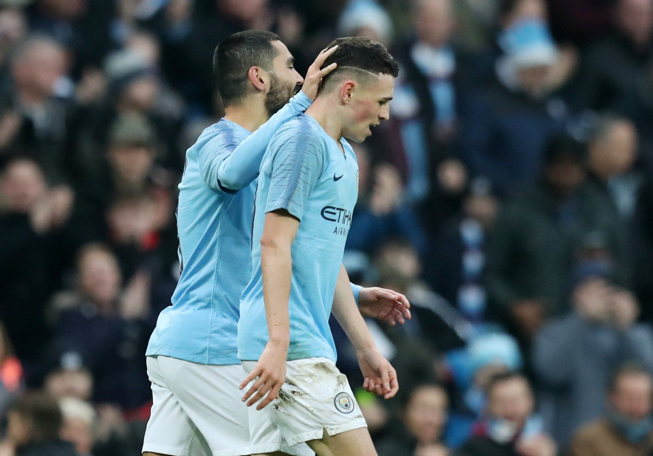 Phil Foden is congratulated for his goal against Rotherham
