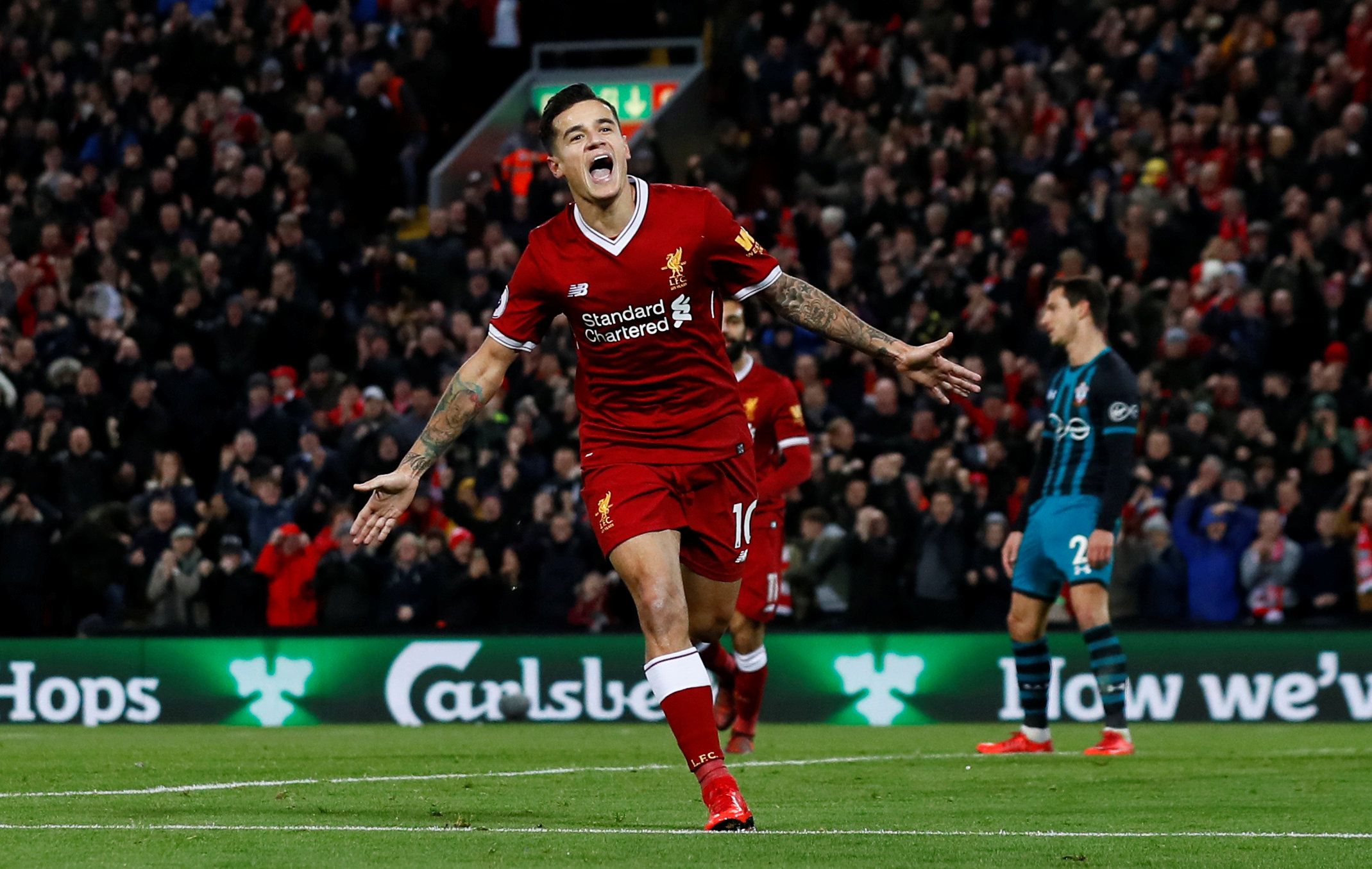 Soccer Football - Premier League - Liverpool vs Southampton - Anfield, Liverpool, Britain - November 18, 2017   Liverpool's Philippe Coutinho celebrates after scoring their third goal    Action Images via Reuters/Jason Cairnduff    EDITORIAL USE ONLY. No use with unauthorized audio, video, data, fixture lists, club/league logos or 