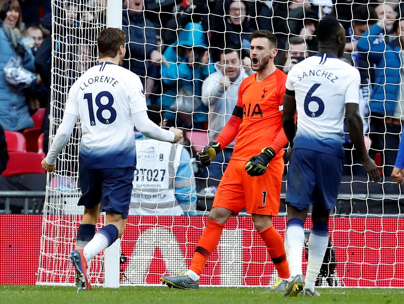 Soccer Football - Premier League - Tottenham Hotspur v Leicester City - Wembley Stadium, London, Britain - February 10, 2019  Tottenham's Hugo Lloris celebrates saving a penalty against Leicester City's Jamie Vardy      REUTERS/David Klein  EDITORIAL USE ONLY. No use with unauthorized audio, video, data, fixture lists, club/league logos or 