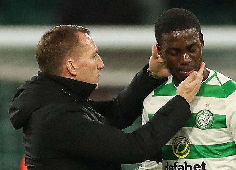 Soccer Football - Europa League - Round of 32 First Leg - Celtic v Valencia - Celtic Park, Glasgow, United Kingdom - February 14, 2019  Celtic manager Brendan Rodgers with Tim Weah at the end of the match   Action Images via Reuters/Lee Smith
