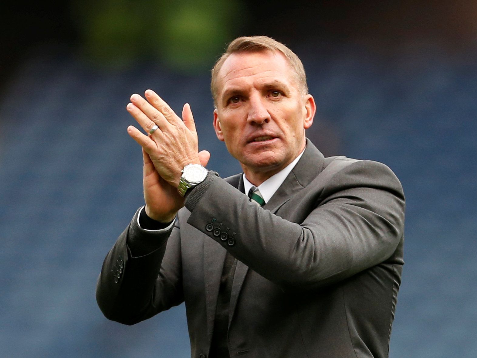 Soccer Football - Scottish League Cup Semi Final - Heart of Midlothian v Celtic - Murrayfield Stadium, Edinburgh, Britain - October 28, 2018  Celtic manager Brendan Rodgers applauds fans after the match    Action Images via Reuters/Craig Brough  EDITORIAL USE ONLY. No use with unauthorized audio, video, data, fixture lists, club/league logos or 