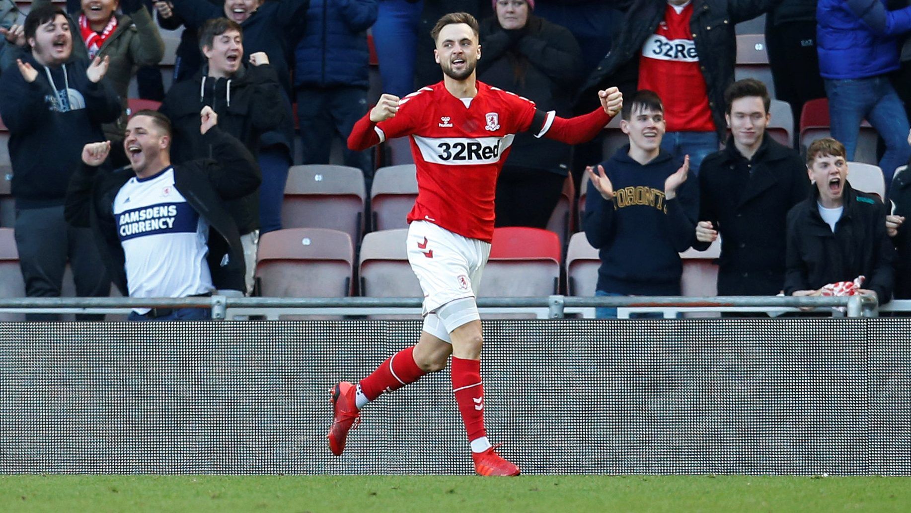 Soccer Football - Championship - Middlesbrough v Leeds United - Riverside Stadium, Middlesbrough, Britain - February 9, 2019  Middlesbrough's Lewis Wing celebrates scoring their first goal     Action Images/Ed Sykes  EDITORIAL USE ONLY. No use with unauthorized audio, video, data, fixture lists, club/league logos or 