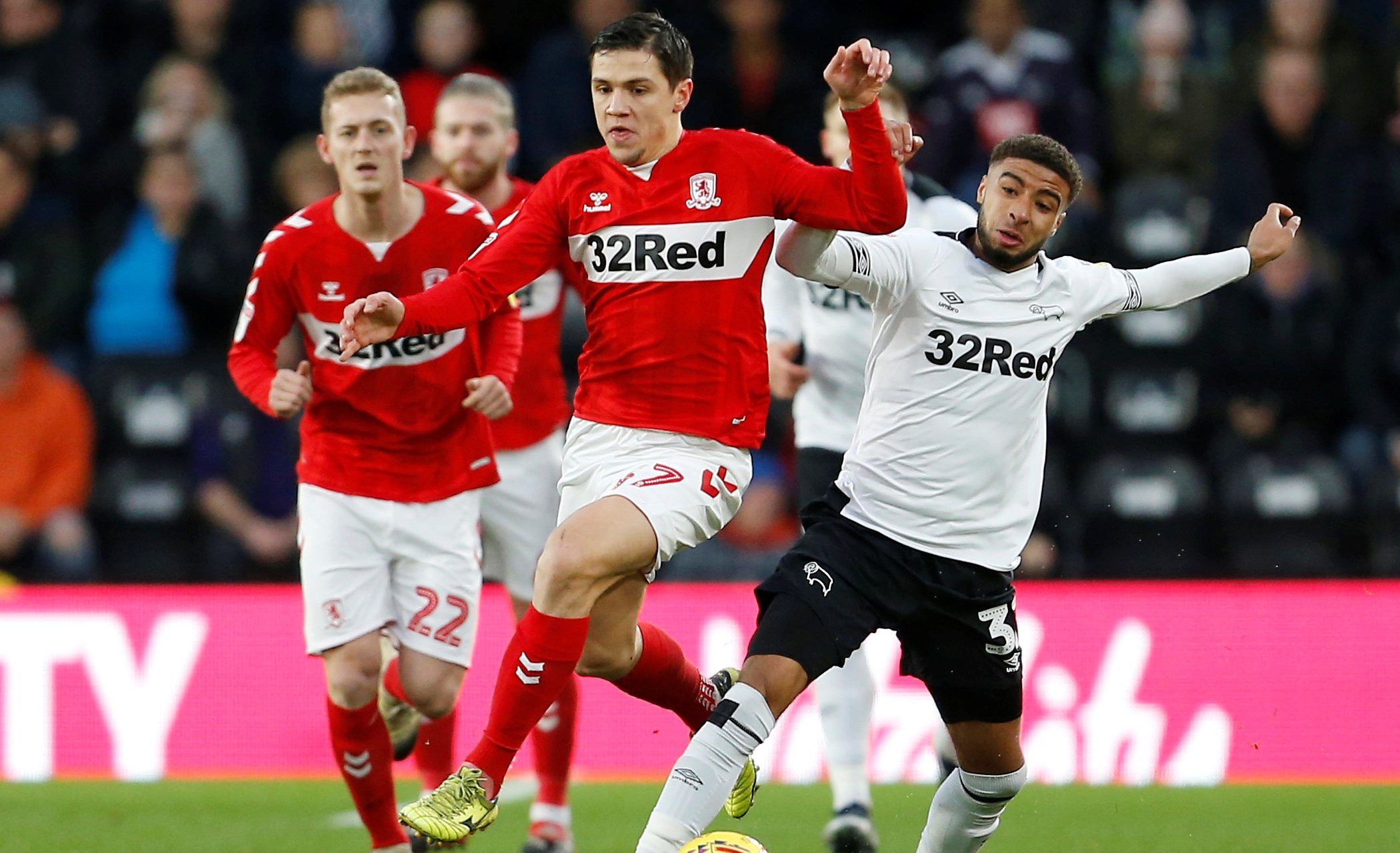 Soccer Football - Championship - Derby County v Middlesbrough - Pride Park, Derby, Britain - January 1, 2019   Middlesbrough's Muhamed Besic in action with Derby County's Jayden Bogle   Action Images/Craig Brough    EDITORIAL USE ONLY. No use with unauthorized audio, video, data, fixture lists, club/league logos or 