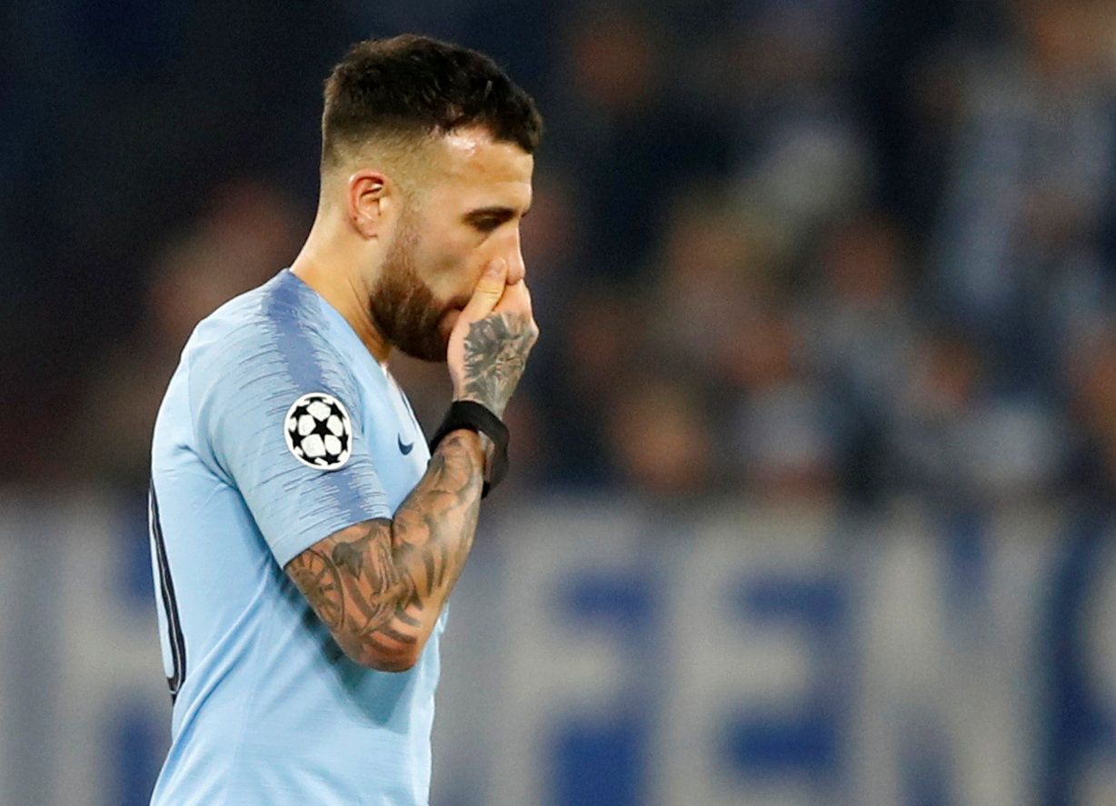 Soccer Football - Champions League - Round of 16 First Leg - Schalke 04 v Manchester City - Veltins-Arena, Gelsenkirchen, Germany - February 20, 2019  Manchester City's Nicolas Otamendi looks dejected after being shown a red card  REUTERS/Wolfgang Rattay