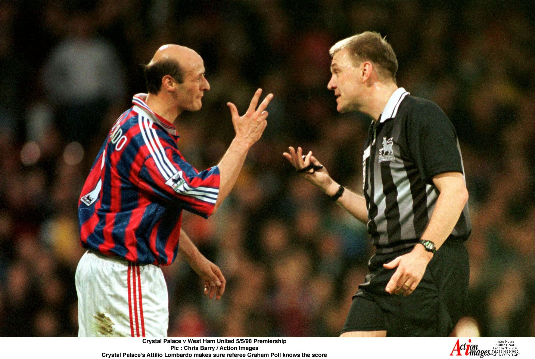 Crystal Palace v West Ham United 5/5/98 Premiership 
Pic : Chris Barry / Action Images 
Crystal Palace's Attilio Lombardo makes sure referee Graham Poll knows the score