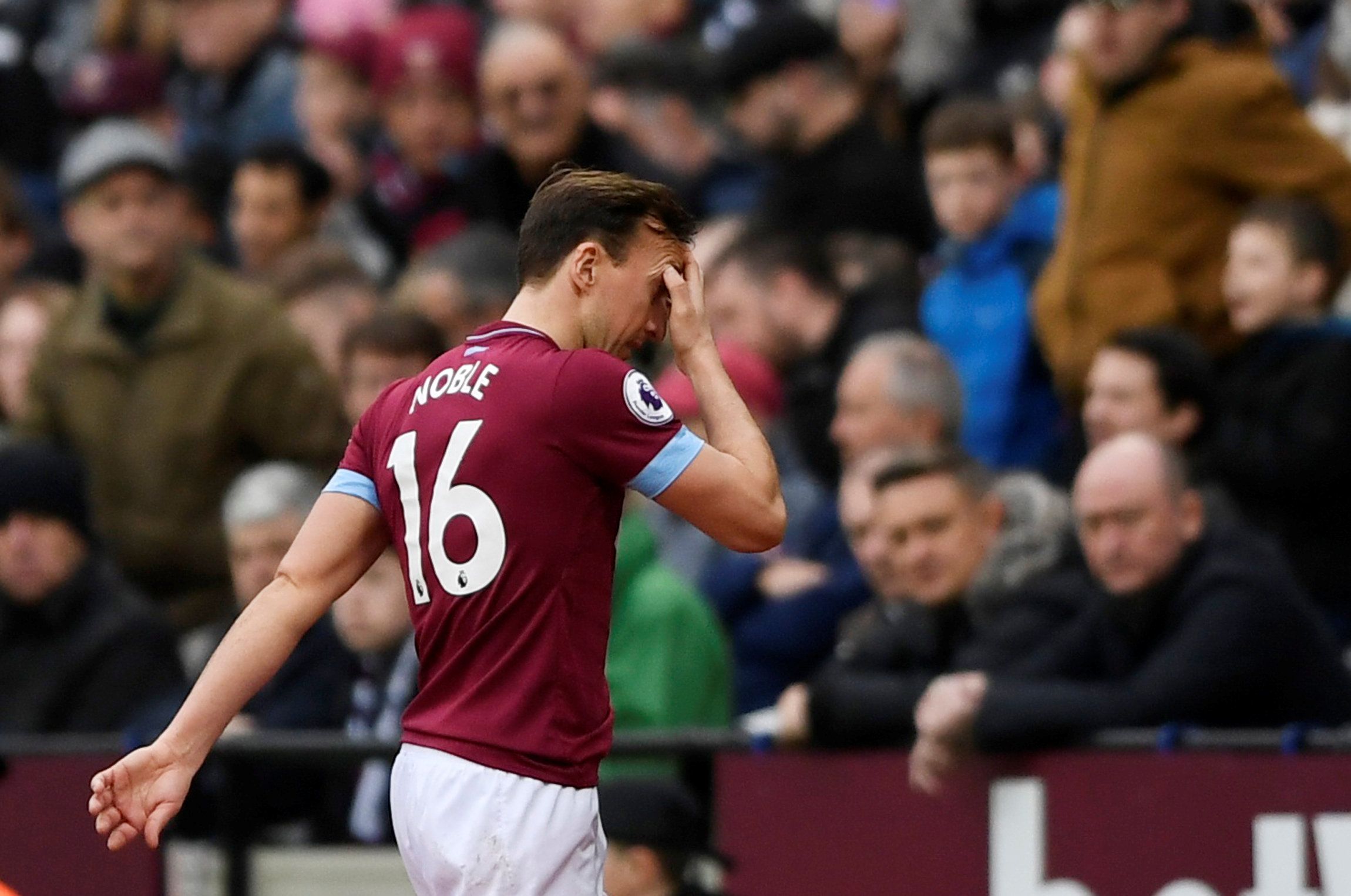 Soccer Football - Premier League - West Ham United v Huddersfield Town - London Stadium, London, Britain - March 16, 2019  West Ham's Mark Noble reacts after he is substituted             Action Images via Reuters/Tony O'Brien  EDITORIAL USE ONLY. No use with unauthorized audio, video, data, fixture lists, club/league logos or "live" services. Online in-match use limited to 75 images, no video emulation. No use in betting, games or single club/league/player publications.  Please contact your acc