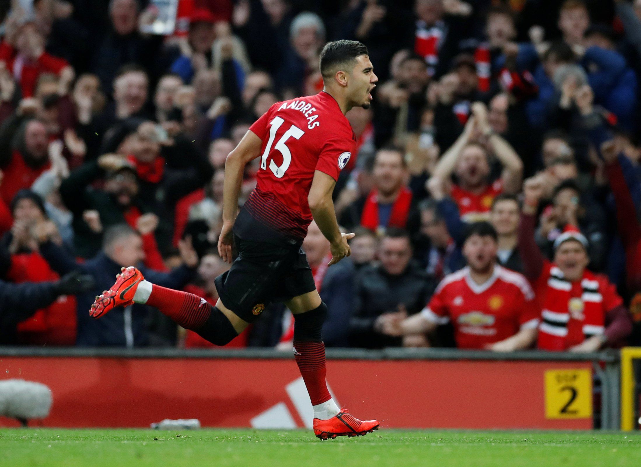 Andreas Pereira celebrates scoring for Manchester United against Southampton. 