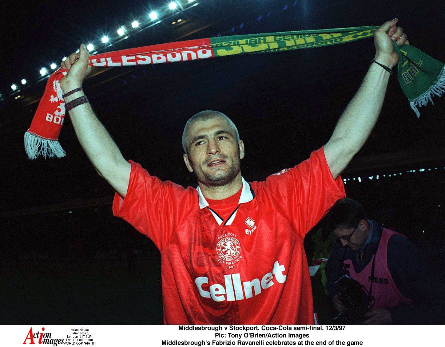 Middlesbrough v Stockport, Coca-Cola semi-final, 12/3/97 
Pic: Tony O'Brien/Action Images 
Middlesbrough's Fabrizio Ravanelli celebrates at the end of the game