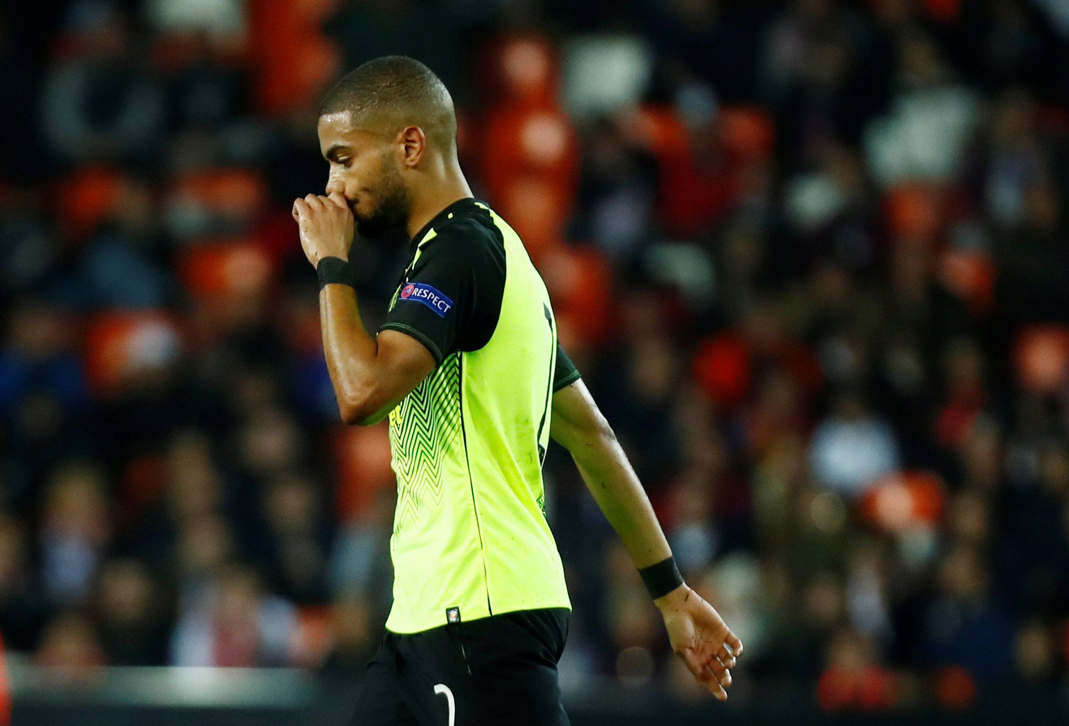 Soccer Football - Europa League - Round of 32 Second Leg - Valencia v Celtic - Mestalla, Valencia, Spain - February 21, 2019  Celtic's Jeremy Toljan looks dejected as he leaves the pitch after being shown a red card  REUTERS/Juan Medina