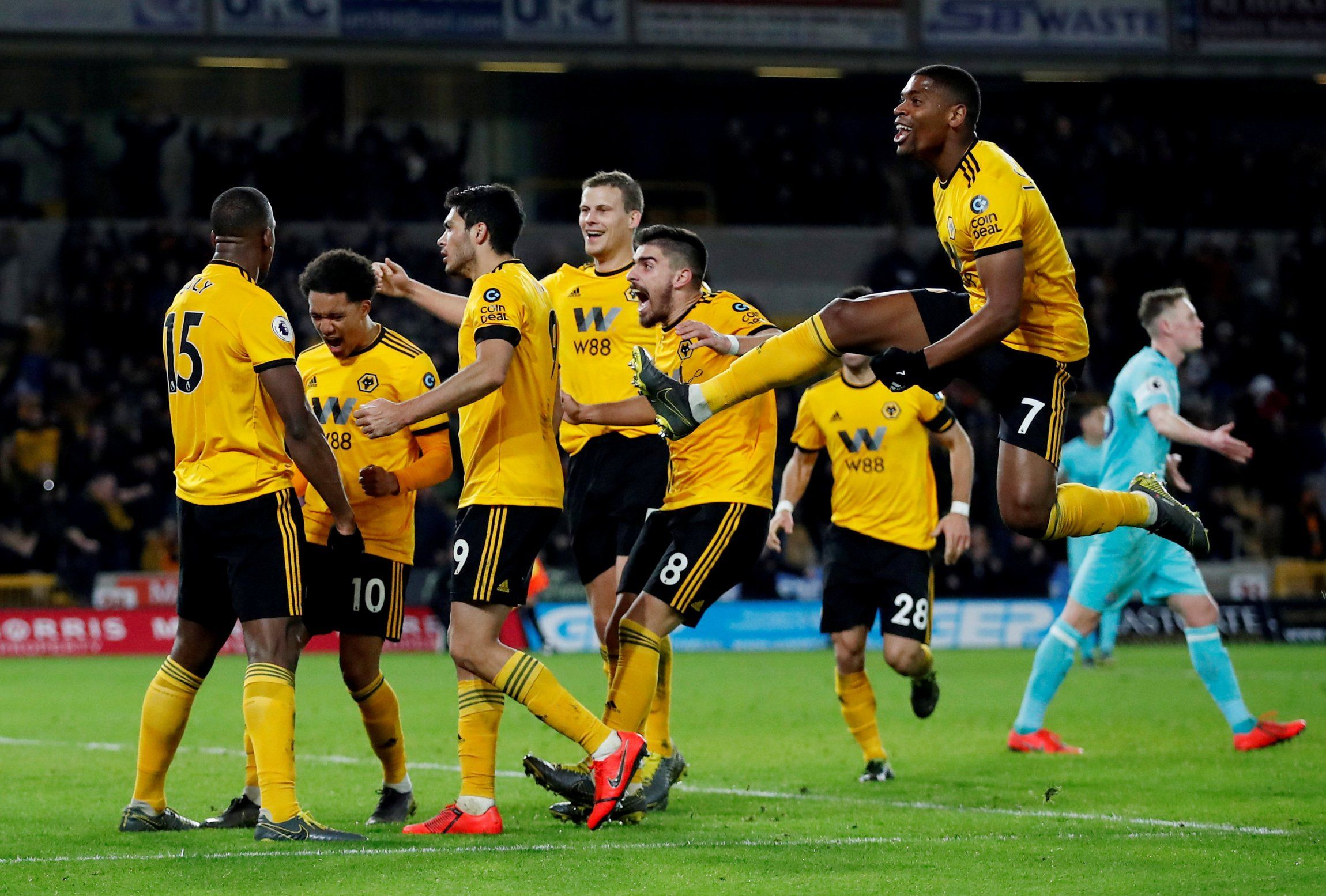 Wolves players celebrate after scoring against Newcastle. 