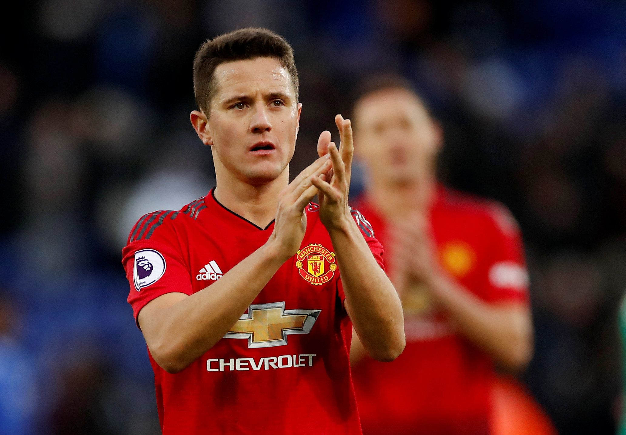 Soccer Football - Premier League - Leicester City v Manchester United - King Power Stadium, Leicester, Britain - February 3, 2019   Manchester United's Ander Herrera celebrates after the match with team mates    Action Images via Reuters/Andrew Boyers    EDITORIAL USE ONLY. No use with unauthorized audio, video, data, fixture lists, club/league logos or "live" services. Online in-match use limited to 75 images, no video emulation. No use in betting, games or single club/league/player publication