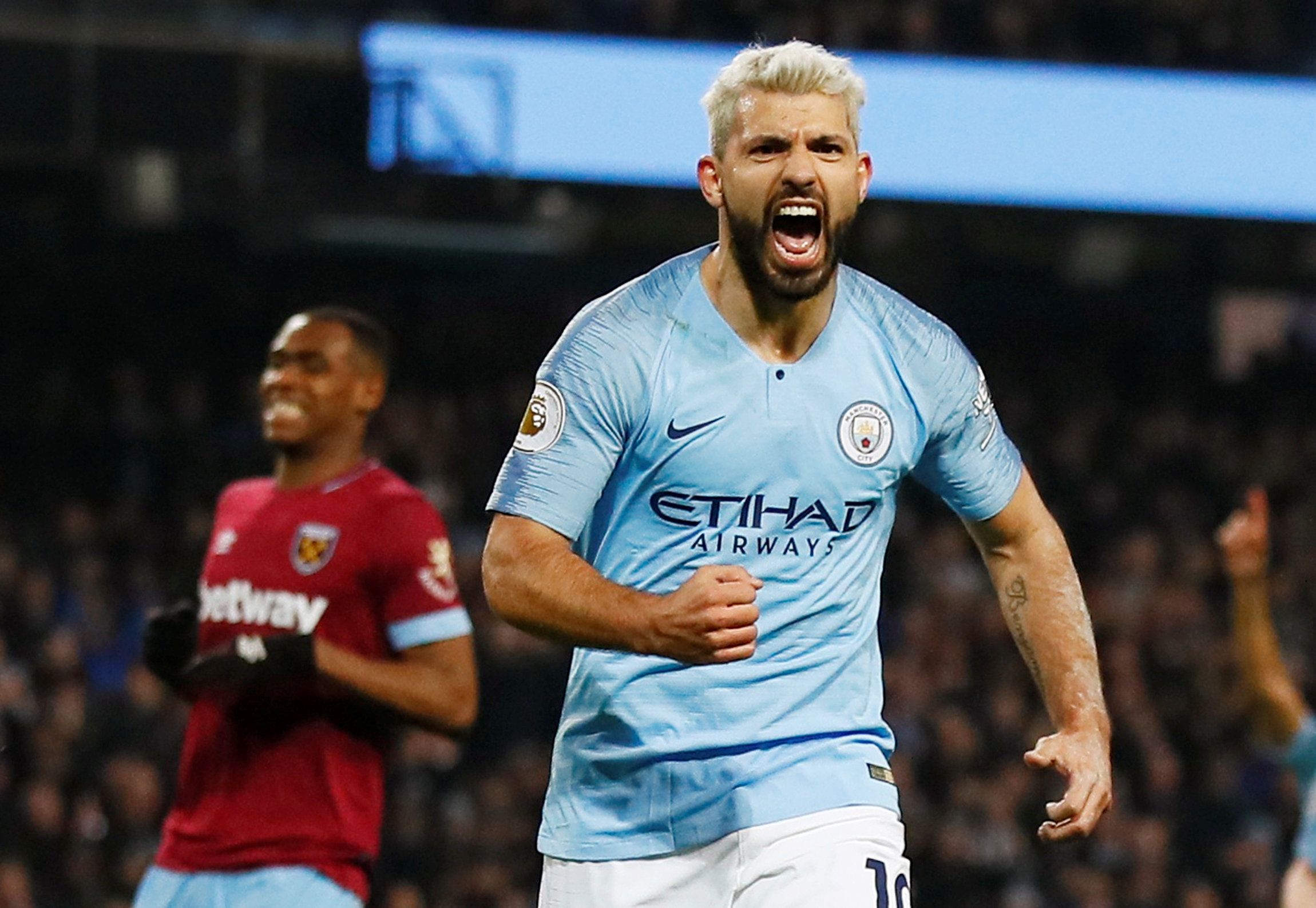 Soccer Football - Premier League - Manchester City v West Ham United - Etihad Stadium, Manchester, Britain - February 27, 2019  Manchester City's Sergio Aguero celebrates scoring their first goal from the penalty spot    Action Images via Reuters/Jason Cairnduff  EDITORIAL USE ONLY. No use with unauthorized audio, video, data, fixture lists, club/league logos or "live" services. Online in-match use limited to 75 images, no video emulation. No use in betting, games or single club/league/player pu