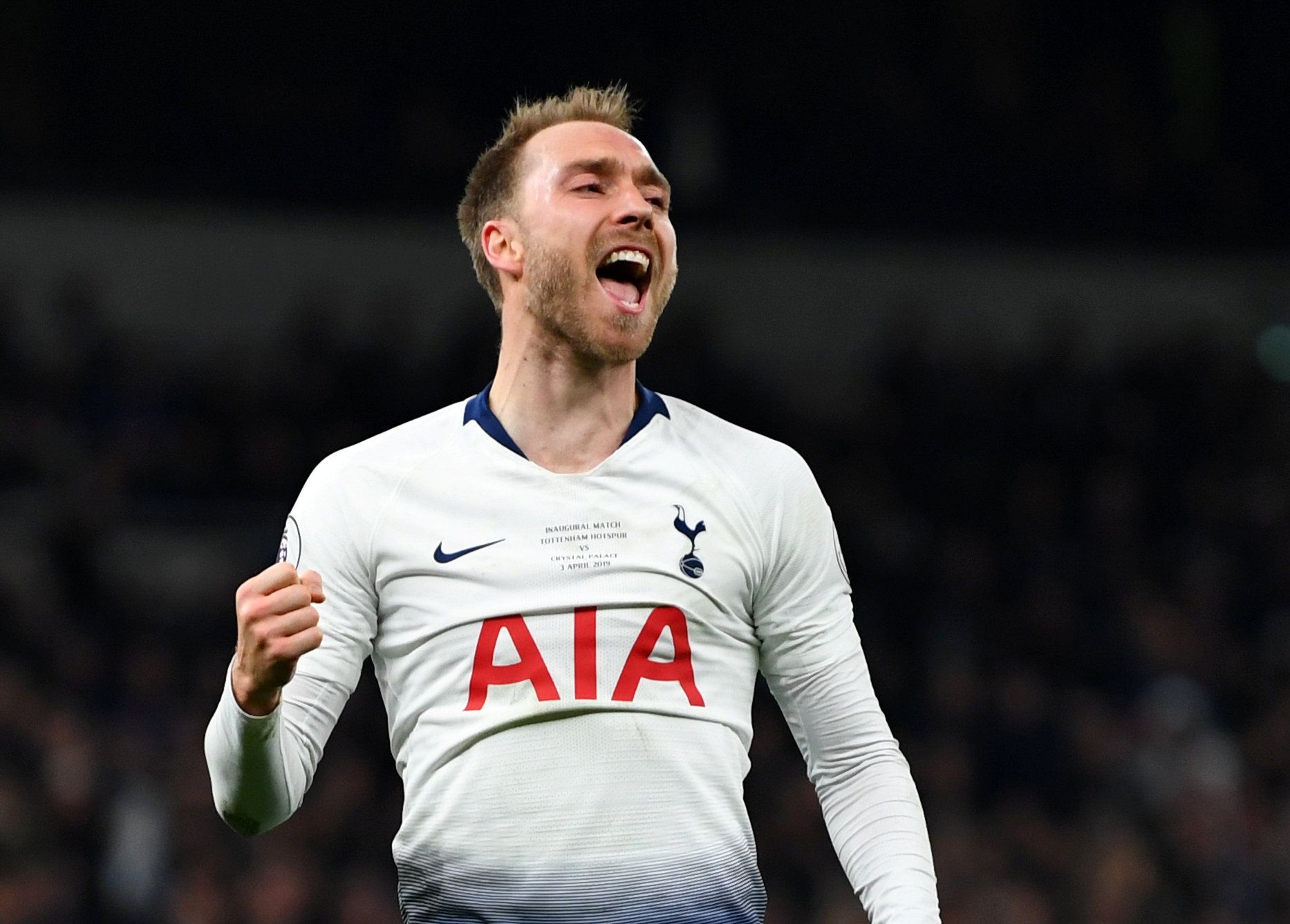 Soccer Football - Premier League - Tottenham Hotspur v Crystal Palace - Tottenham Hotspur Stadium, London, Britain - April 3, 2019  Tottenham's Christian Eriksen celebrates scoring their second goal                     REUTERS/Dylan Martinez  EDITORIAL USE ONLY. No use with unauthorized audio, video, data, fixture lists, club/league logos or "live" services. Online in-match use limited to 75 images, no video emulation. No use in betting, games or single club/league/player publications.  Please c