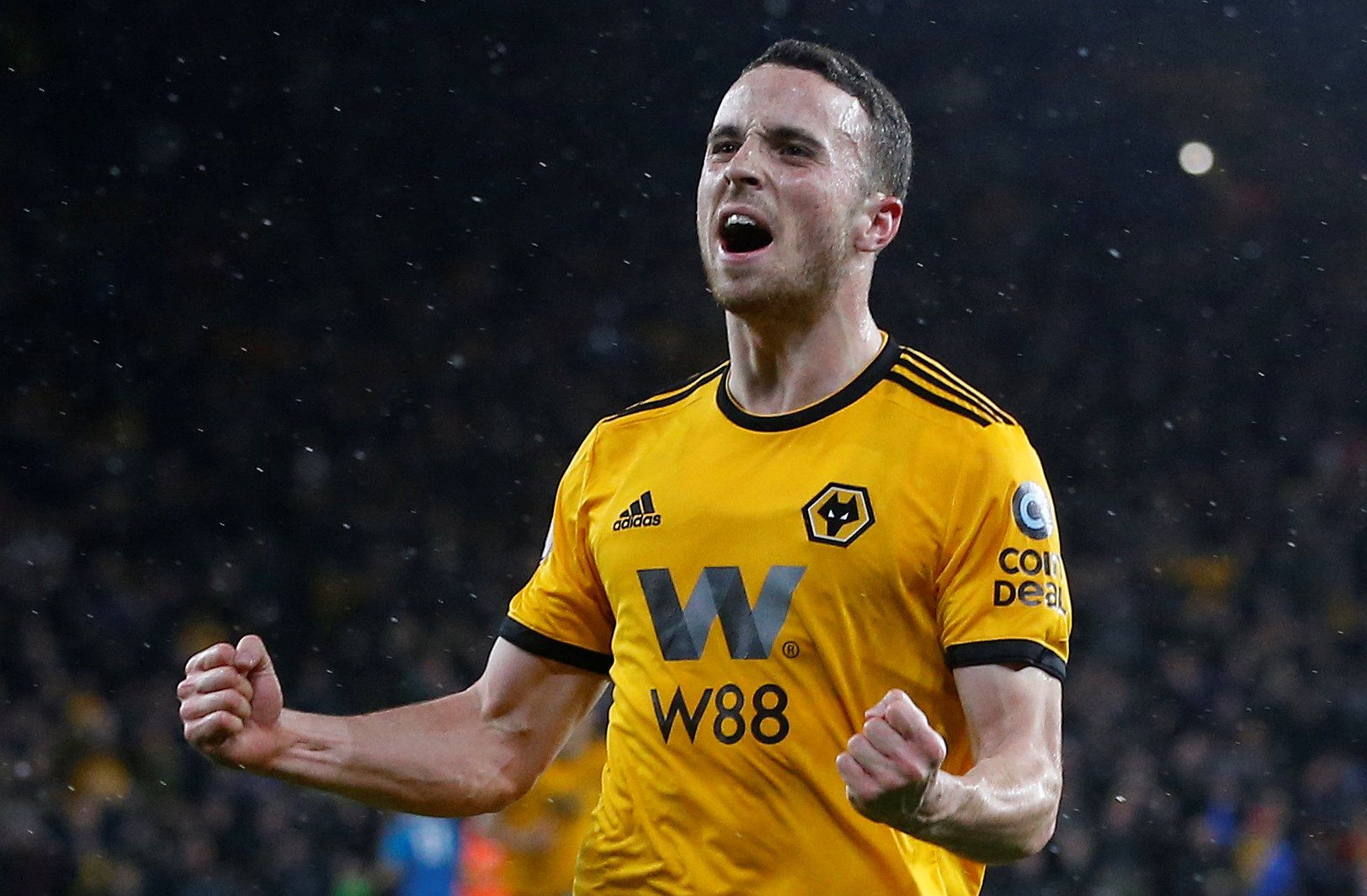 Diogo Jota celebrates scoring against Manchester United in the league. 