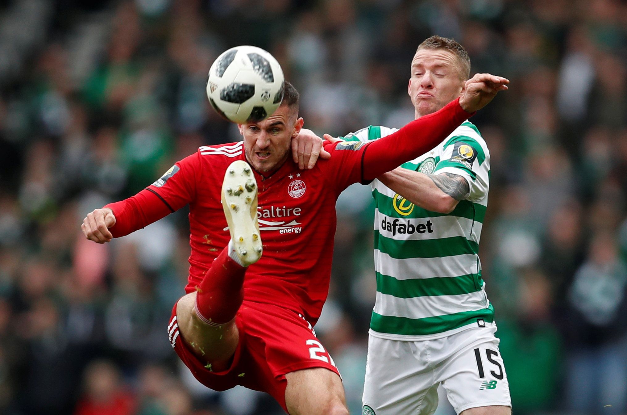 Soccer Football - Scottish FA Cup Semi Final - Aberdeen v Celtic - Hampden Park, Glasgow, Britain - April 14, 2019  Aberdeen's Dominic Ball in action with Celtic's Jonny Hayes      REUTERS/Russell Cheyne