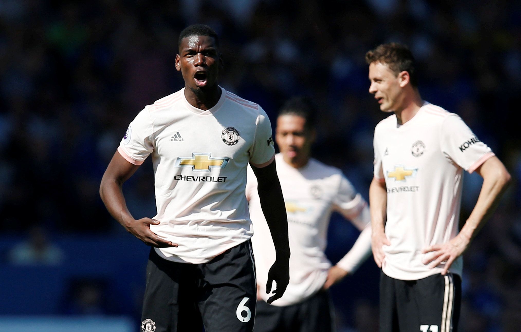 Manchester United midfielder Paul Pogba shouts during Everton defeat
