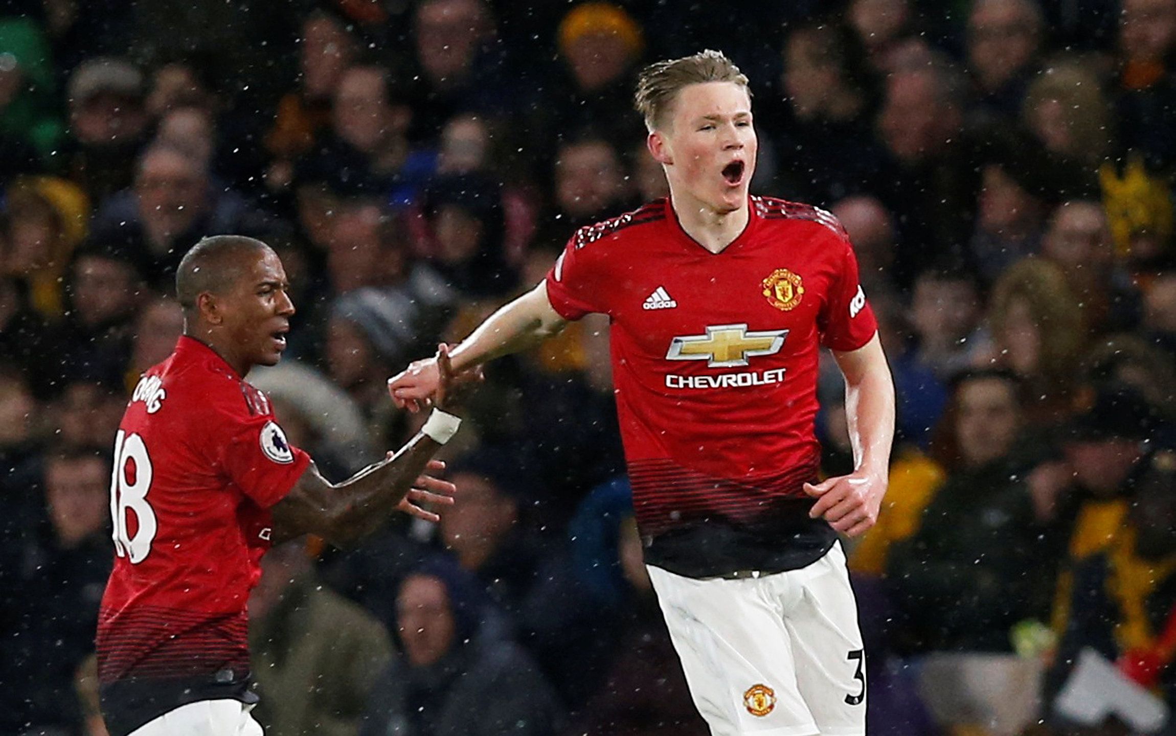 Soccer Football - Premier League - Wolverhampton Wanderers v Manchester United - Molineux Stadium, Wolverhampton, Britain - April 2, 2019  Manchester United's Scott McTominay celebrates scoring their first goal      REUTERS/Andrew Yates  EDITORIAL USE ONLY. No use with unauthorized audio, video, data, fixture lists, club/league logos or 