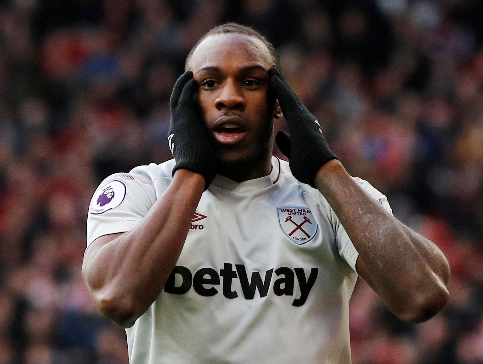 Soccer Football - Premier League - Manchester United v West Ham United - Old Trafford, Manchester, Britain - April 13, 2019  West Ham's Michail Antonio reacts after missing a chance to score                      REUTERS/Phil Noble  EDITORIAL USE ONLY. No use with unauthorized audio, video, data, fixture lists, club/league logos or 