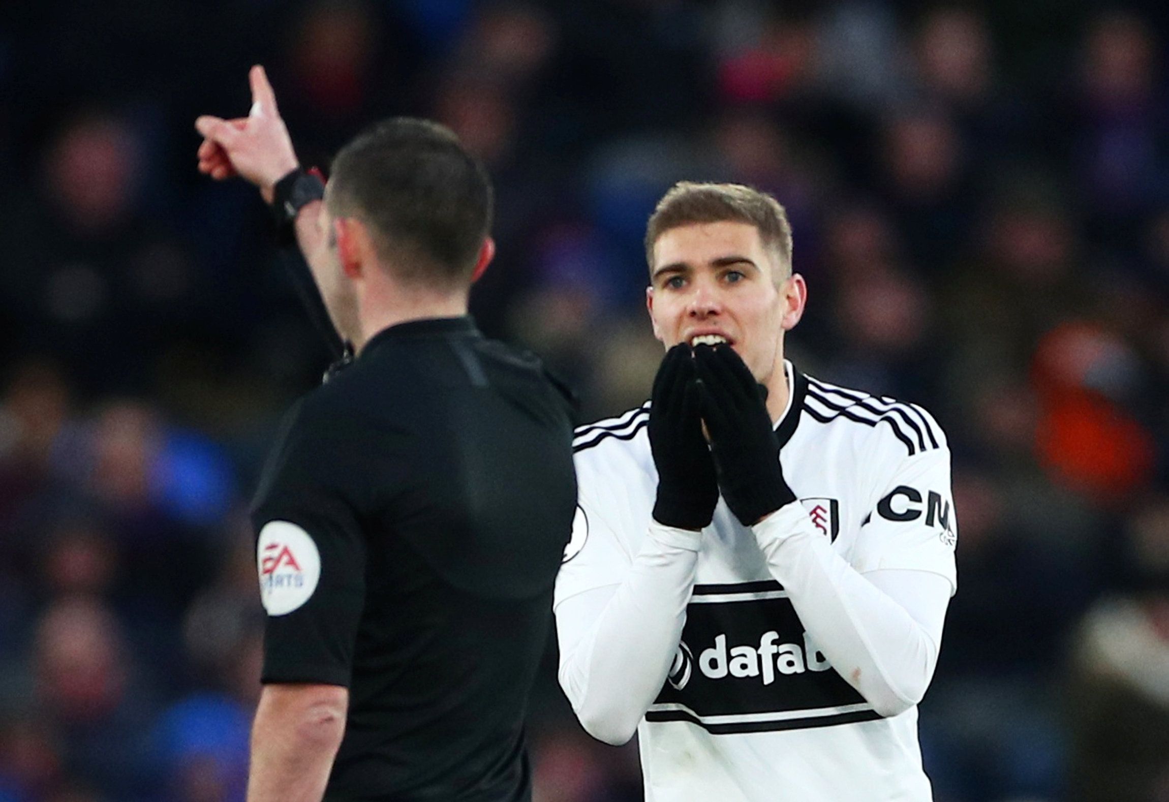 Soccer Football - Premier League - Crystal Palace v Fulham - Selhurst Park, London, Britain - February 2, 2019  Fulham's Maxime Le Marchand reacts after a decision by referee Michael Oliver  REUTERS/Hannah McKay  EDITORIAL USE ONLY. No use with unauthorized audio, video, data, fixture lists, club/league logos or "live" services. Online in-match use limited to 75 images, no video emulation. No use in betting, games or single club/league/player publications.  Please contact your account representa