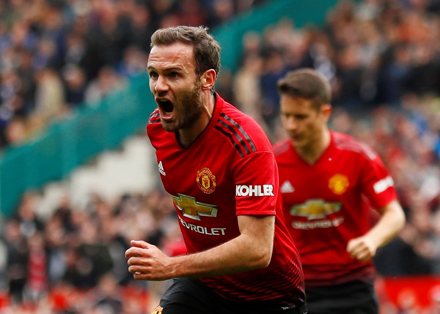 Soccer Football - Premier League - Manchester United v Chelsea - Old Trafford, Manchester, Britain - April 28, 2019  Manchester United's Juan Mata celebrates scoring their first goal   Action Images via Reuters/Jason Cairnduff  EDITORIAL USE ONLY. No use with unauthorized audio, video, data, fixture lists, club/league logos or 
