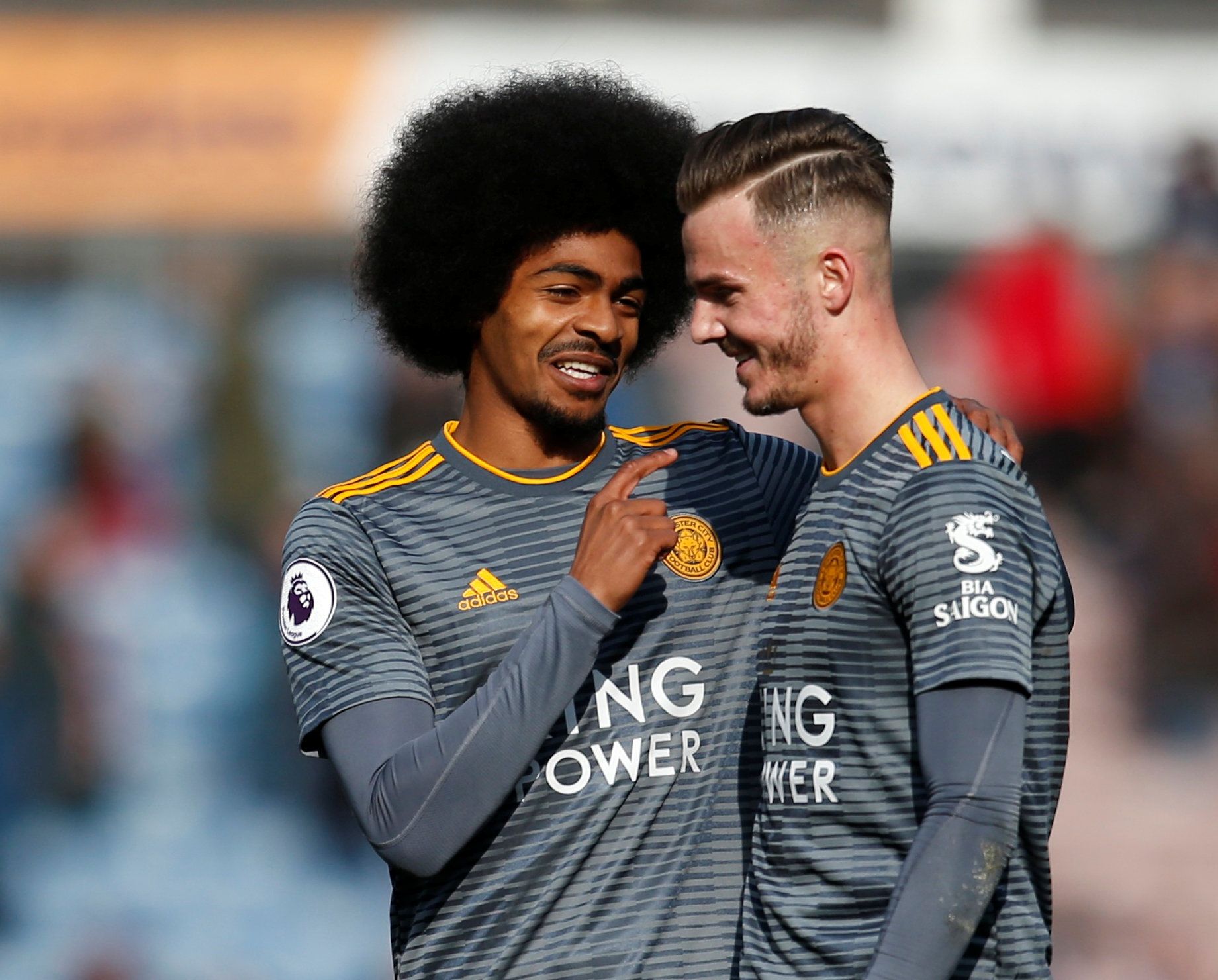 Soccer Football - Premier League - Huddersfield Town v Leicester City - John Smith's Stadium, Huddersfield, Britain - April 6, 2019  Leicester City's Hamza Choudhury and James Maddison celebrate after the match          Action Images via Reuters/Ed Sykes  EDITORIAL USE ONLY. No use with unauthorized audio, video, data, fixture lists, club/league logos or 