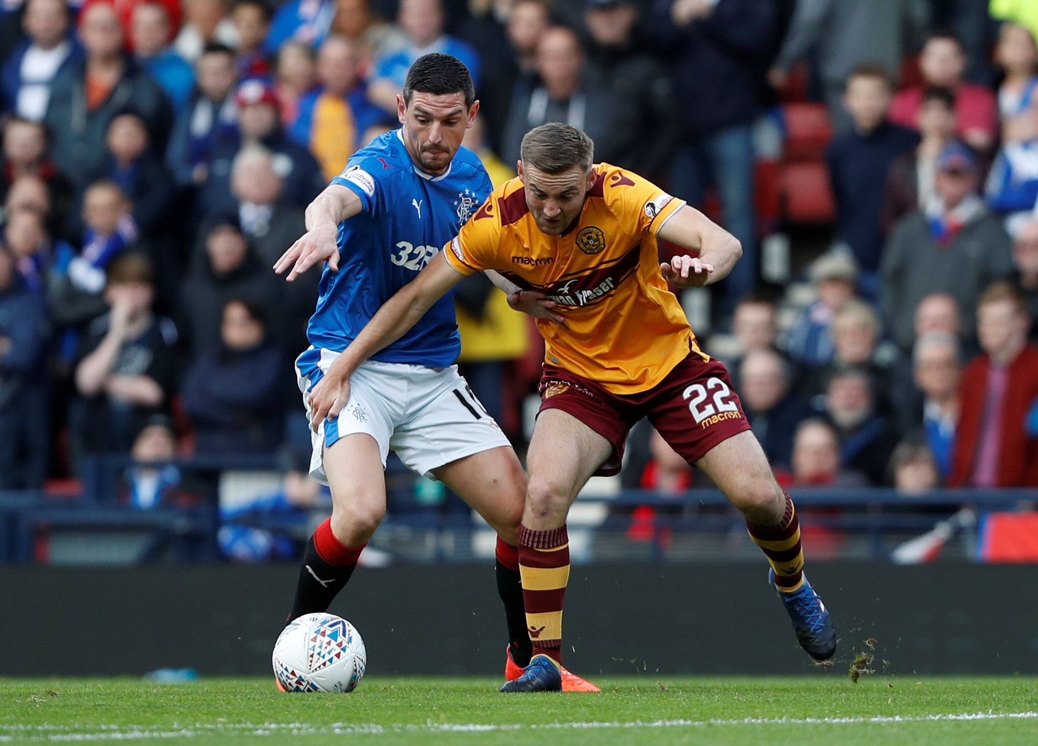 Soccer Football - Scottish League Cup Semi Final - Rangers vs Motherwell - Hampden Park, Glasgow, Britain - October 22, 2017   Rangers’ Graham Dorrans in action with Motherwell’s Allan Campbell     REUTERS/Russell Cheyne
