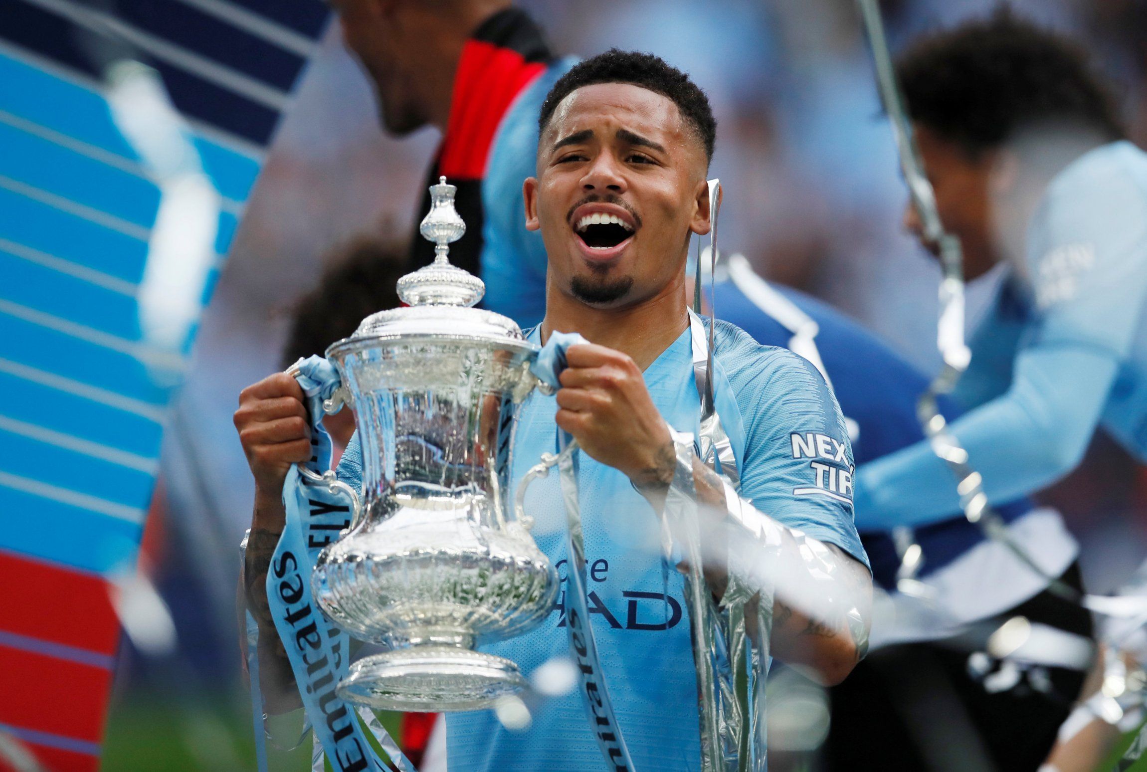 Manchester City attacker Gabriel Jesus celebrates with the FA Cup