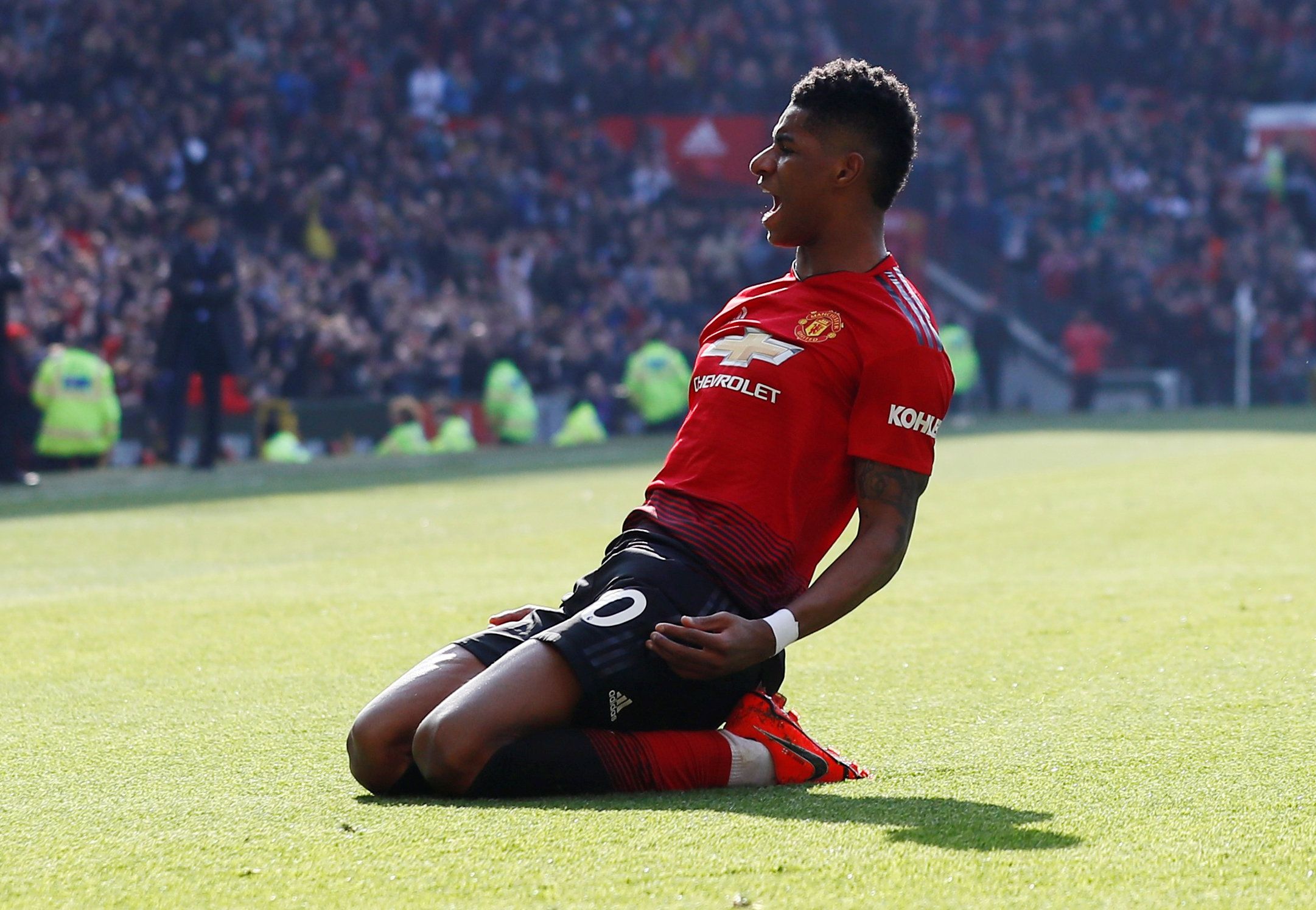 Soccer Football - Premier League - Manchester United v Watford - Old Trafford, Manchester, Britain - March 30, 2019  Manchester United's Marcus Rashford celebrates scoring their first goal            Action Images via Reuters/Jason Cairnduff  EDITORIAL USE ONLY. No use with unauthorized audio, video, data, fixture lists, club/league logos or 