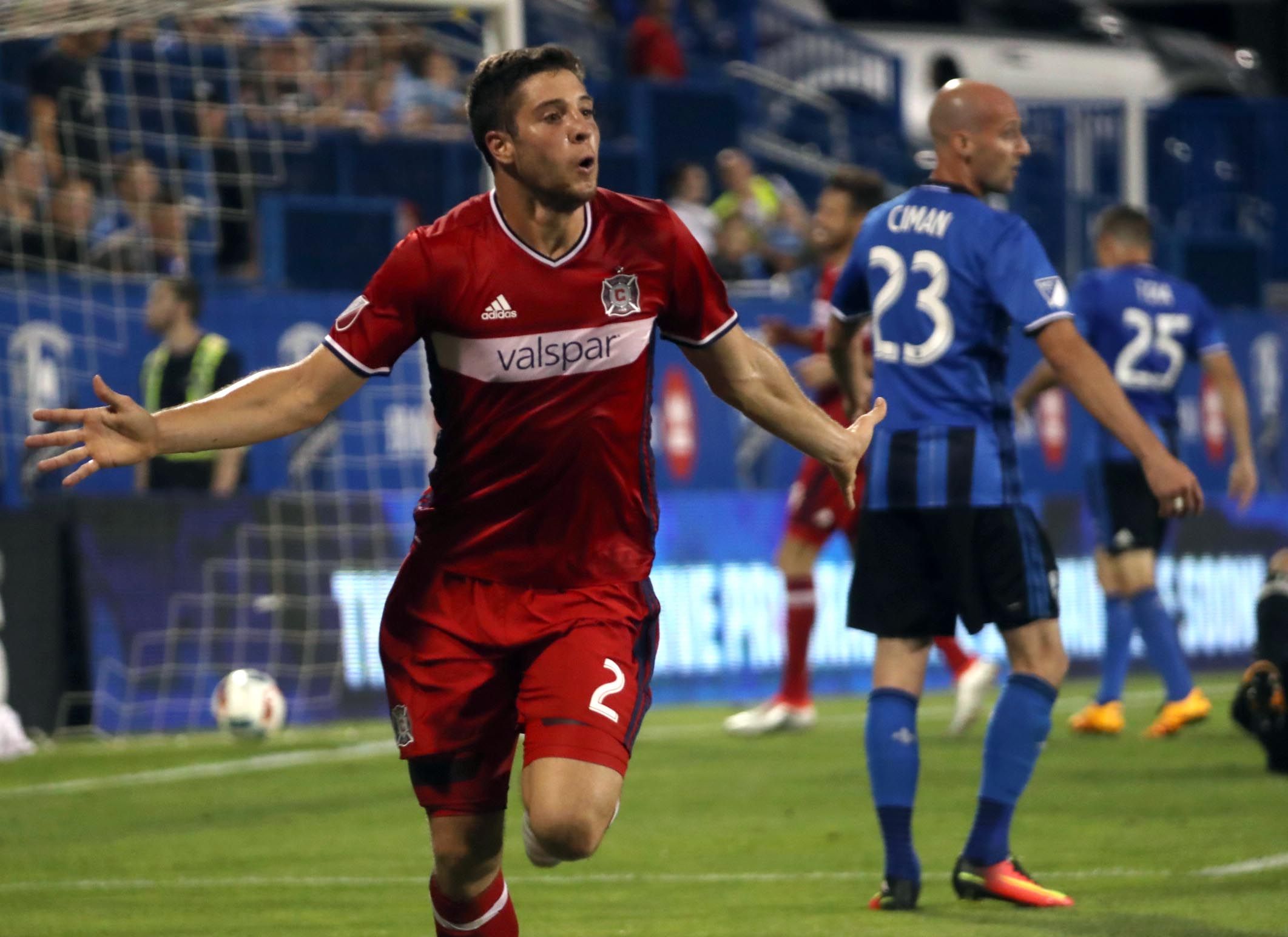 Aug 20, 2016; Montreal, Quebec, CAN; Chicago Fire defender Matt Polster (2) celebrates his goal against Montreal Impact during the second half at Stade Saputo. Mandatory Credit: Jean-Yves Ahern-USA TODAY Sports  / Reuters 
Picture Supplied by Action Images  
(TAGS: Sport Soccer MLS) *** Local Caption *** 2016-08-21T023333Z_634257899_NOCID_RTRMADP_3_MLS-CHICAGO-FIRE-AT-MONTREAL-IMPACT.JPG