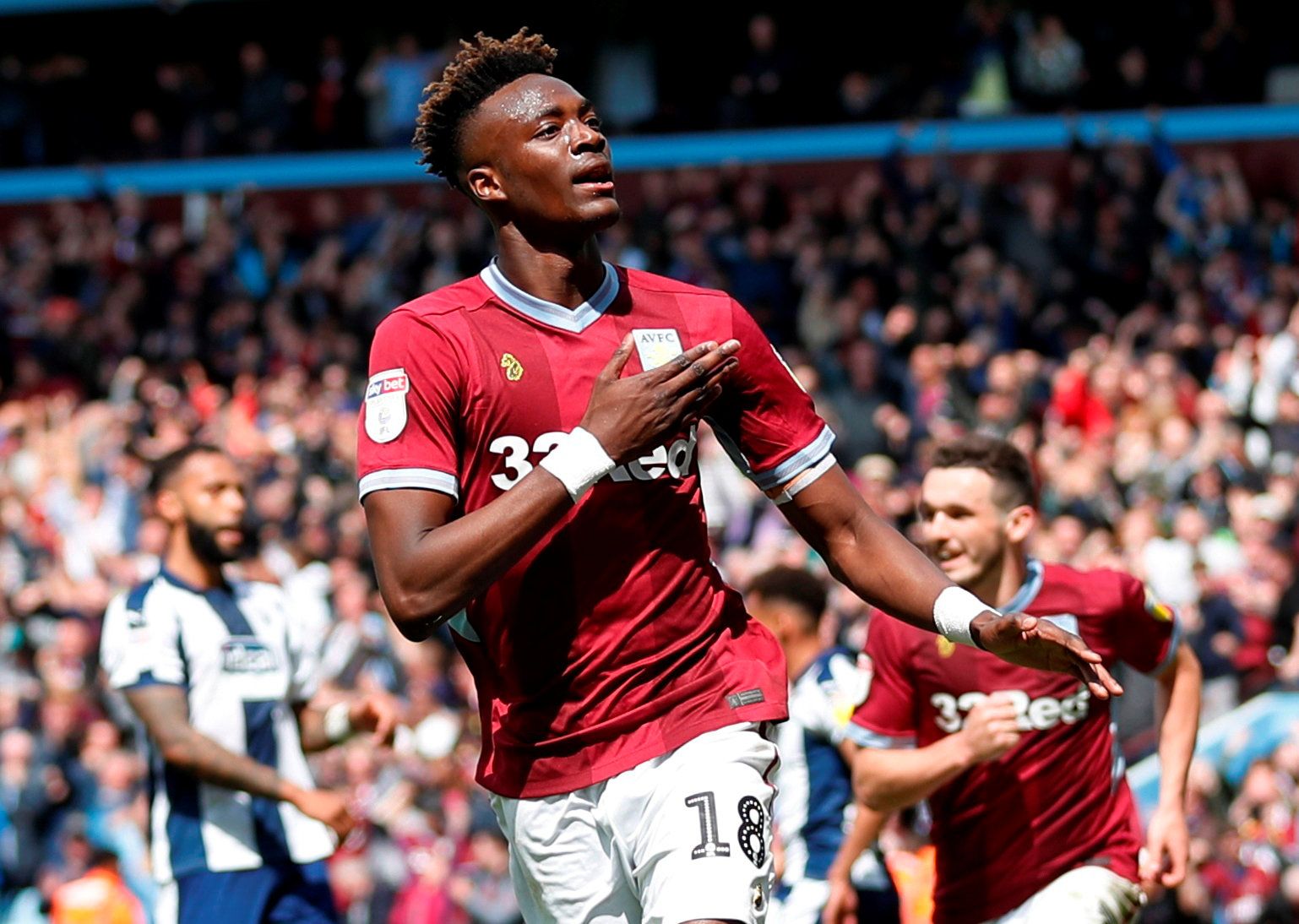 Soccer Football - Championship Play-Off Semi Final First Leg - Aston Villa v West Bromwich Albion - Villa Park, Birmingham, Britain - May 11, 2019  Aston Villa's Tammy Abraham celebrates scoring their second goal              Action Images via Reuters/Matthew Childs  EDITORIAL USE ONLY. No use with unauthorized audio, video, data, fixture lists, club/league logos or 