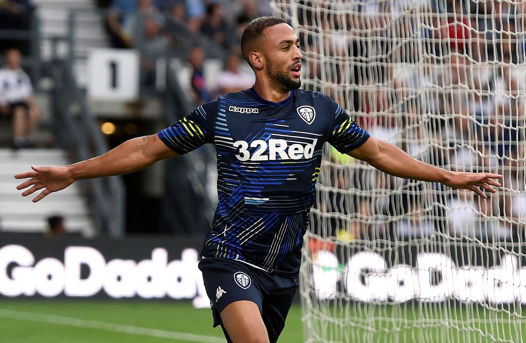 Soccer Football - Championship - Derby County v Leeds United - Pride Park, Derby, Britain - August 11, 2018   Leeds' Kemar Roofe celebrates scoring their second goal   Action Images/Alan Walter    EDITORIAL USE ONLY. No use with unauthorized audio, video, data, fixture lists, club/league logos or 