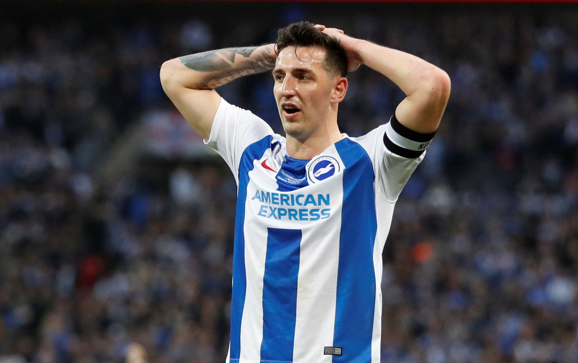 Soccer Football - FA Cup Semi Final - Manchester City v Brighton &amp; Hove Albion - Wembley Stadium, London, Britain - April 6, 2019  Brighton's Lewis Dunk looks dejected after the match  Action Images via Reuters/Carl Recine
