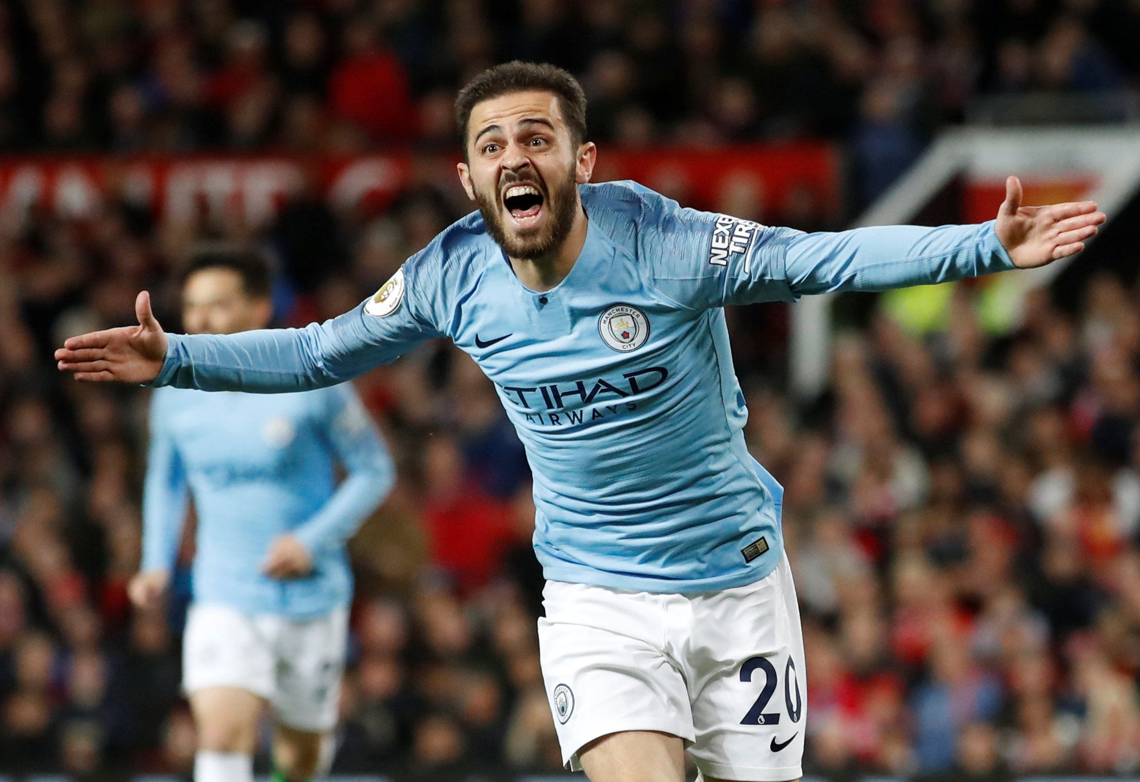 Soccer Football - Premier League - Manchester United v Manchester City - Old Trafford, Manchester, Britain - April 24, 2019  Manchester City's Bernardo Silva celebrates scoring their first goal            Action Images via Reuters/Carl Recine  EDITORIAL USE ONLY. No use with unauthorized audio, video, data, fixture lists, club/league logos or 