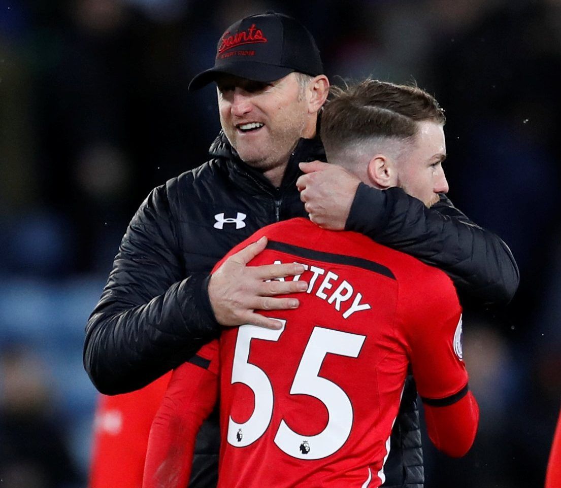 Soccer Football - Premier League - Leicester City v Southampton - King Power Stadium, Leicester, Britain - January 12, 2019  Southampton manager Ralph Hasenhuttl with Southampton's Callum Slattery after the match  Action Images via Reuters/Carl Recine  EDITORIAL USE ONLY. No use with unauthorized audio, video, data, fixture lists, club/league logos or 
