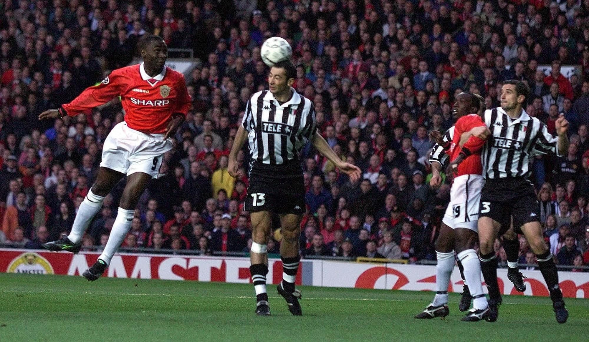 Manchester United v Juventus April 1999 European Cup Semi Final  Andy Cole of United heads ball towards goal during last nights 1-1 draw at Old Trafford

weby