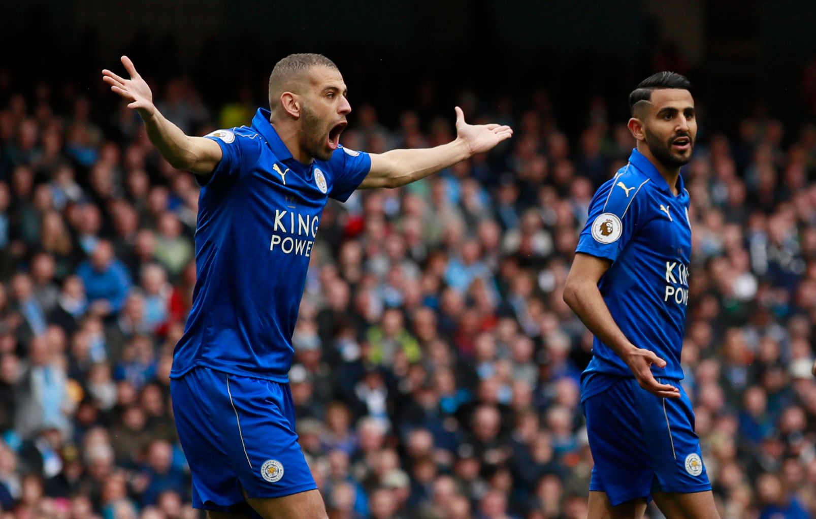 Britain Football Soccer - Manchester City v Leicester City - Premier League - Etihad Stadium - 13/5/17 Leicester City's Islam Slimani appeals after a penalty is disallowed Action Images via Reuters / Jason Cairnduff Livepic EDITORIAL USE ONLY. No use with unauthorized audio, video, data, fixture lists, club/league logos or 