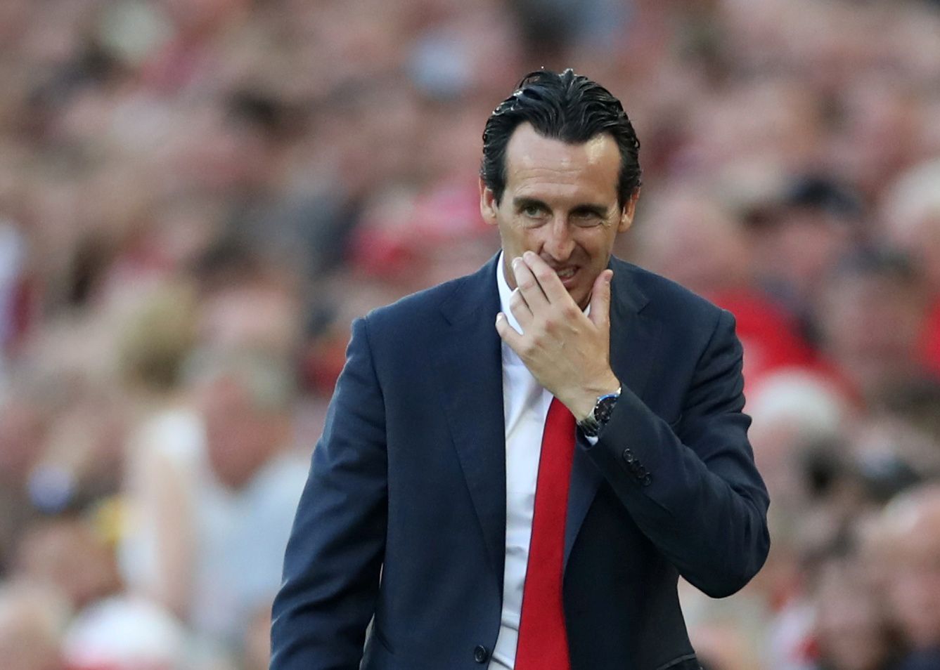 Soccer Football - Premier League - Liverpool v Arsenal - Anfield, Liverpool, Britain - August 24, 2019  Arsenal manager Unai Emery reacts Action Images via Reuters/Carl Recine  EDITORIAL USE ONLY. No use with unauthorized audio, video, data, fixture lists, club/league logos or 
