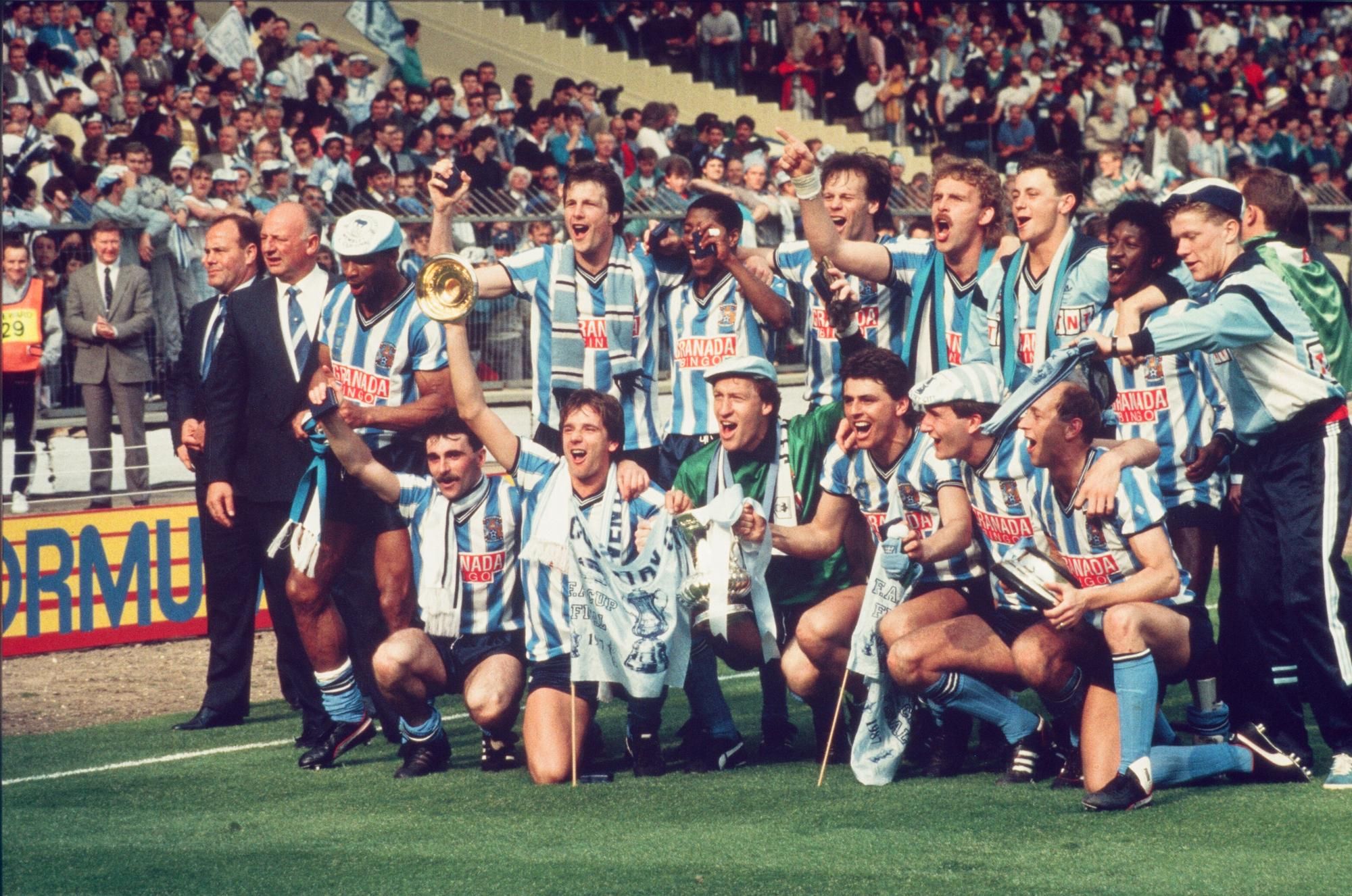 Coventry City's players celebrate their  3-2 win against Tottenham Hotspur in the FA Cup Final at Wembley.
16th May 1987.