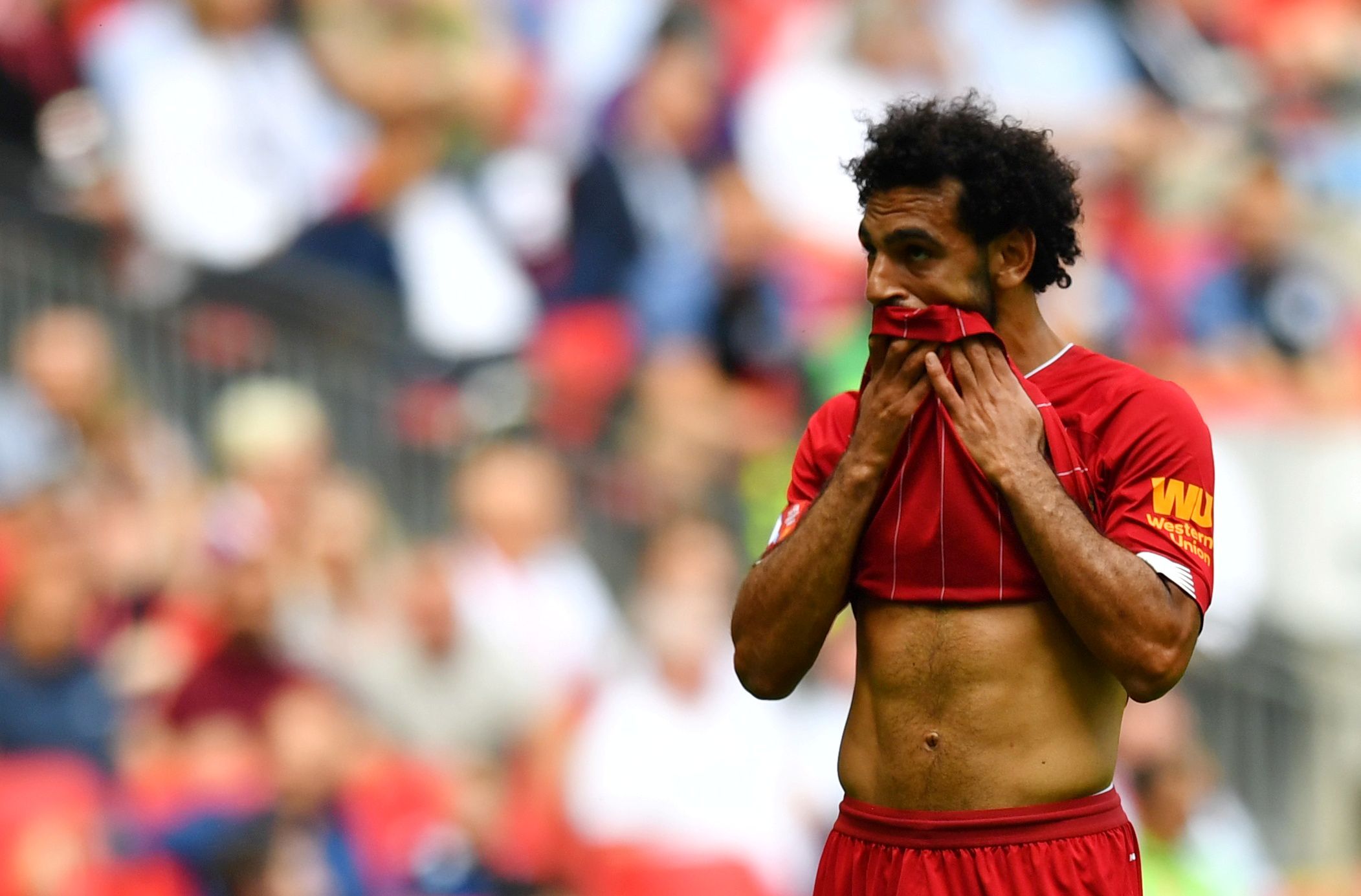 Soccer Football - FA Community Shield - Manchester City v Liverpool - Wembley Stadium, London, Britain - August 4, 2019  Liverpool's Mohamed Salah reacts during the match   REUTERS/Dylan Martinez