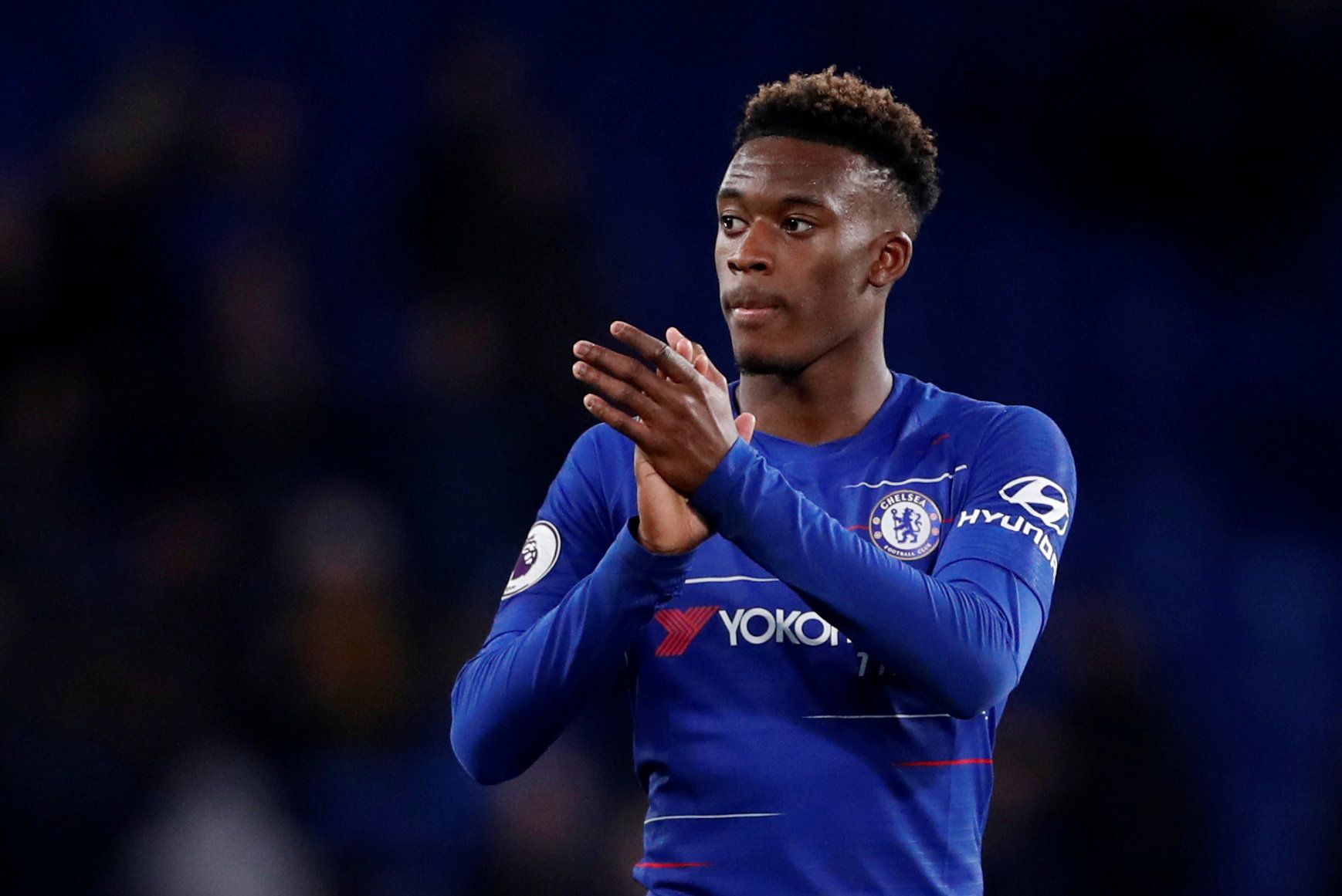 Soccer Football - Premier League - Chelsea v Brighton &amp; Hove Albion - Stamford Bridge, London, Britain - April 3, 2019  Chelsea's Callum Hudson-Odoi applauds fans after the match          Action Images via Reuters/Matthew Childs  EDITORIAL USE ONLY. No use with unauthorized audio, video, data, fixture lists, club/league logos or 