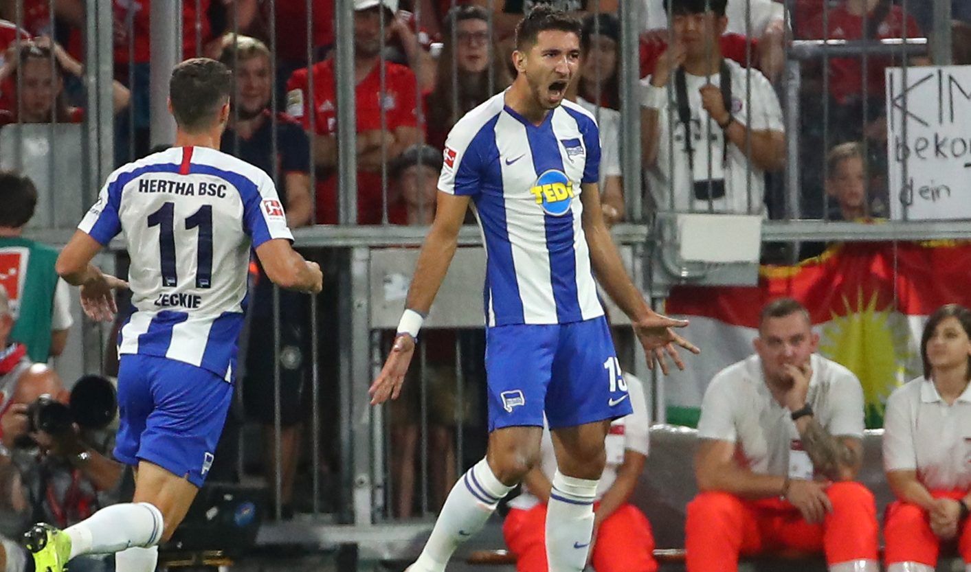 Soccer Football - Bundesliga - Bayern Munich v Hertha BSC - Allianz Arena, Munich, Germany - August 16, 2019   Hertha BSC's Marko Grujic celebrates scoring their second goal               REUTERS/Michael Dalder    DFL regulations prohibit any use of photographs as image sequences and/or quasi-video
