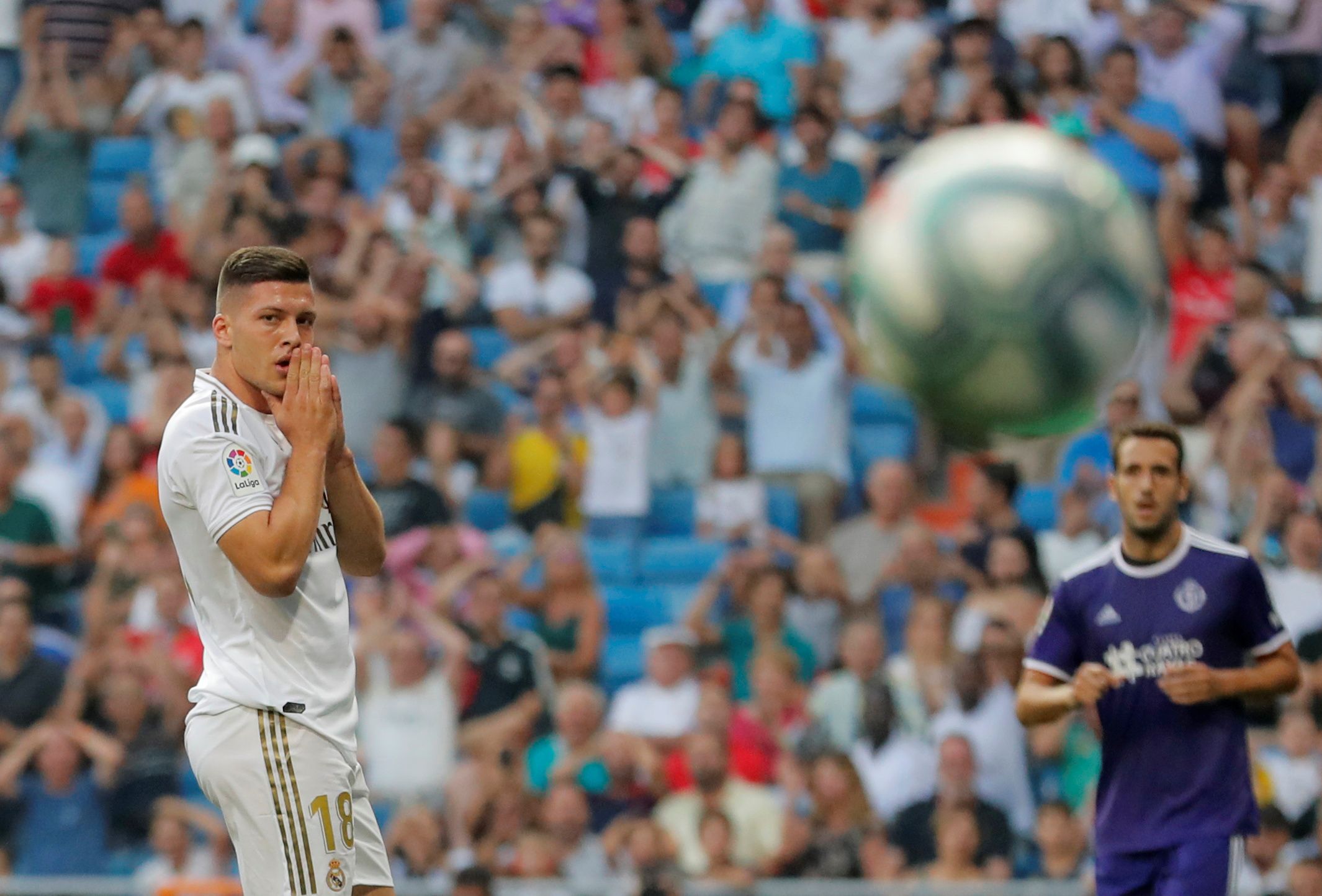 Soccer Football - La Liga Santander - Real Madrid v Real Valladolid - Santiago Bernabeu, Madrid, Spain - August 24, 2019  Real Madrid's Luka Jovic reacts  REUTERS/Juan Medina