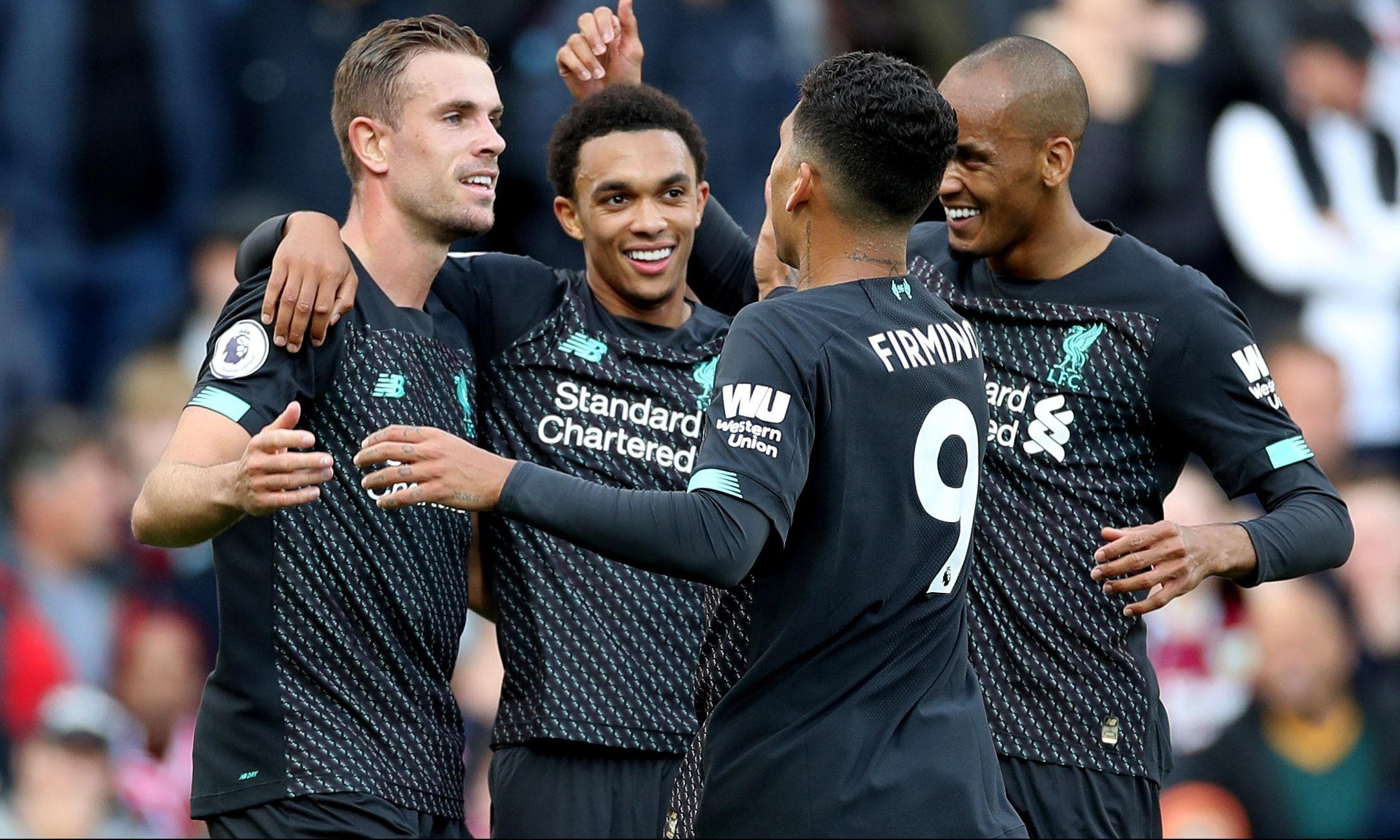 Soccer Football - Premier League - Burnley v Liverpool - Turf Moor, Burnley, Britain - August 31, 2019  Liverpool's Trent Alexander-Arnold celebrates scoring their first goal with Jordan Henderson and team mates  Action Images via Reuters/Carl Recine  EDITORIAL USE ONLY. No use with unauthorized audio, video, data, fixture lists, club/league logos or 