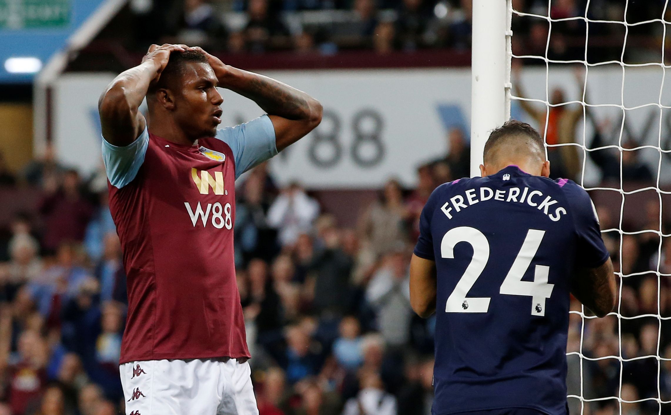 Soccer Football - Premier League - Aston Villa v West Ham United - Villa Park, Birmingham, Britain - September 16, 2019   Aston Villa's Wesley and West Ham United's Ryan Fredericks react during the match   REUTERS/Andrew Yates    EDITORIAL USE ONLY. No use with unauthorized audio, video, data, fixture lists, club/league logos or 