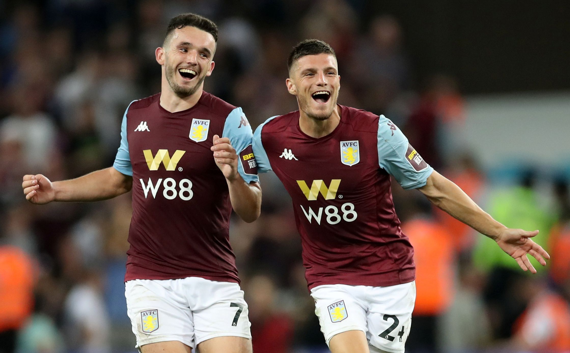Soccer Football - Premier League - Aston Villa v Everton - Villa Park, Birmingham, Britain - August 23, 2019  Aston Villa's John McGinn and Frederic Guilbert celebrate their second goal   Action Images via Reuters/Carl Recine  EDITORIAL USE ONLY. No use with unauthorized audio, video, data, fixture lists, club/league logos or "live" services. Online in-match use limited to 75 images, no video emulation. No use in betting, games or single club/league/player publications.  Please contact your acco