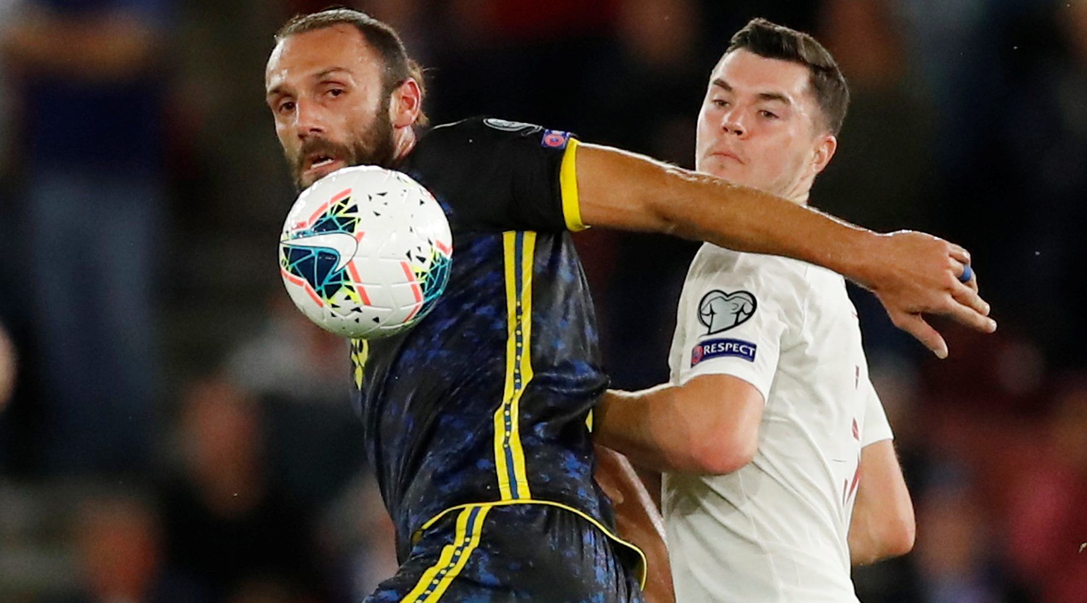 Soccer Football - Euro 2020 Qualifier - Group A - England v Kosovo - St Mary's Stadium, Southampton, Britain - September 10, 2019  Kosovo's Vedat Muriqi in action with England's Michael Keane   Action Images via Reuters/Andrew Boyers