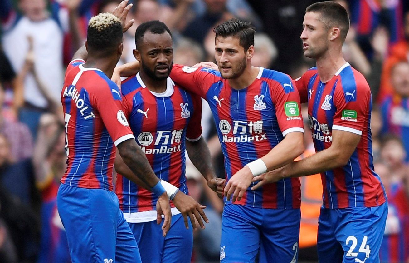 Soccer Football - Premier League - Crystal Palace v Aston Villa - Selhurst Park, London, Britain - August 31, 2019  Crystal Palace's Jordan Ayew celebrates scoring their first goal with team mates       Action Images via Reuters/Tony O'Brien  EDITORIAL USE ONLY. No use with unauthorized audio, video, data, fixture lists, club/league logos or 